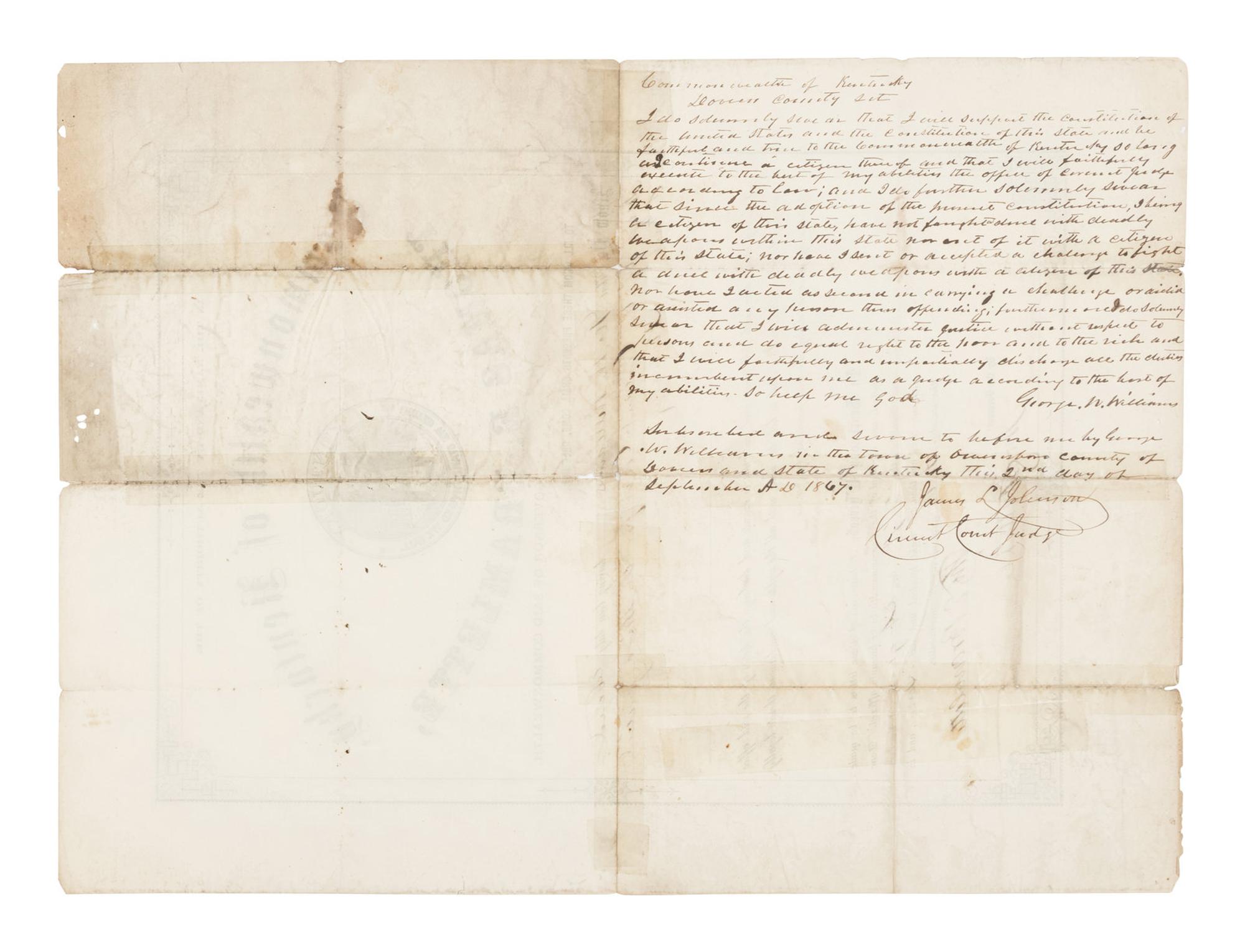 [BUCHANAN, James (1791-1868)] -- [KENTUCKY]. Partly printed land grant secretarily signed ("James Buchanan"). Washington, D.C., 3 January 1860.