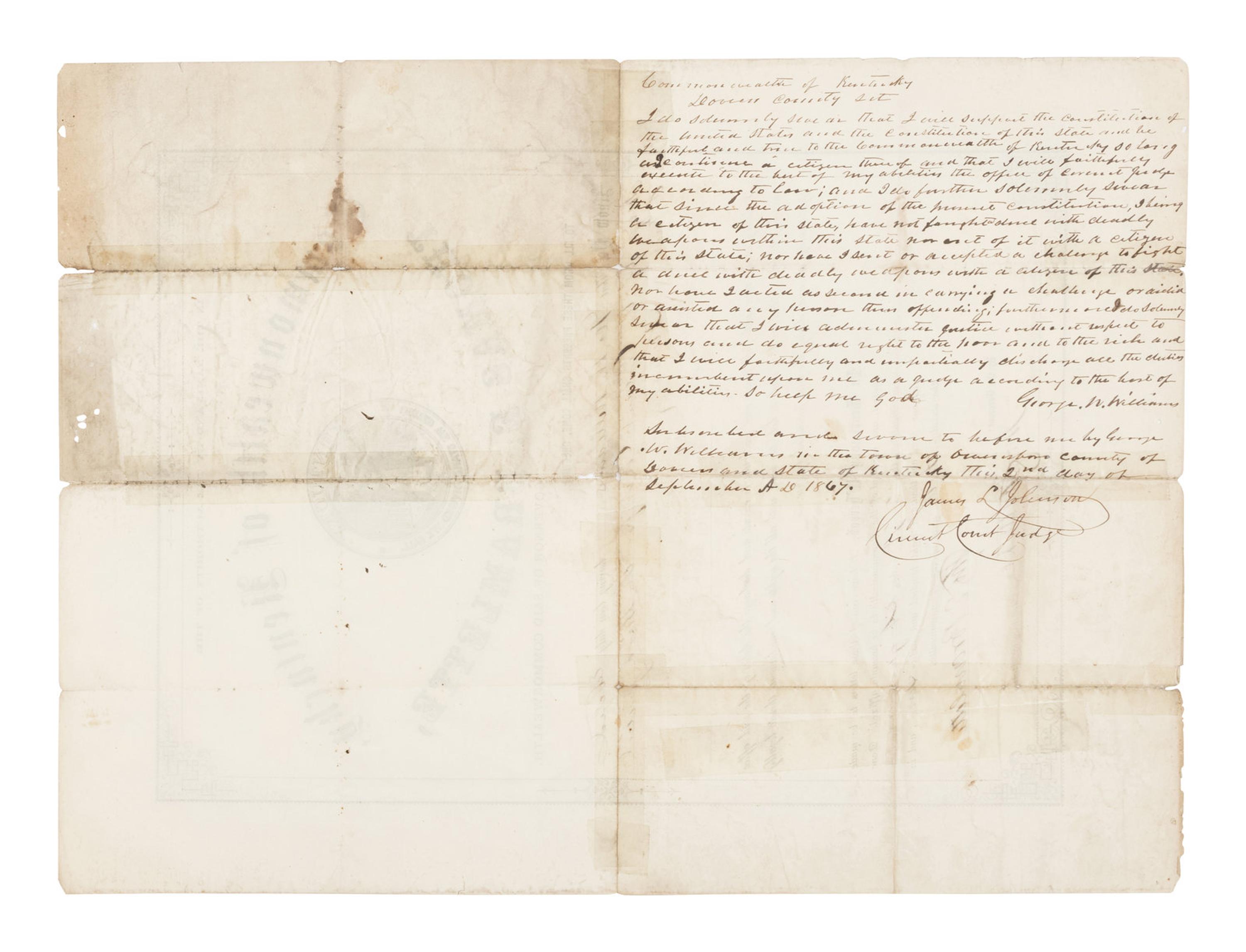[BUCHANAN, James (1791-1868)] -- [KENTUCKY]. Partly printed land grant secretarily signed ("James Buchanan"). Washington, D.C., 3 January 1860.