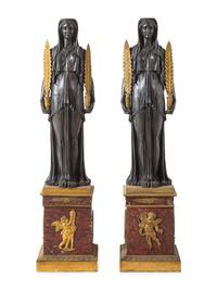A Pair of Large Empire Style Gilt and Patinated Bronze and Marble Figural Candelabra Bases