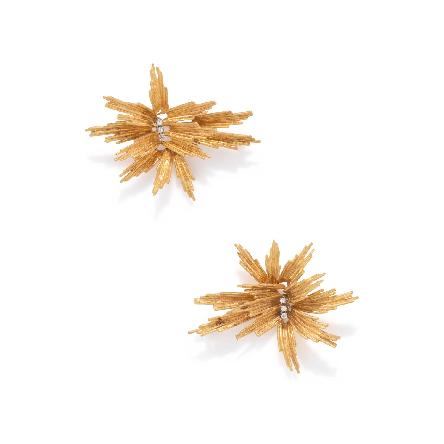 PAIR OF YELLOW GOLD AND DIAMOND BROOCHES