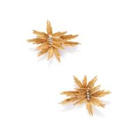 PAIR OF YELLOW GOLD AND DIAMOND BROOCHES