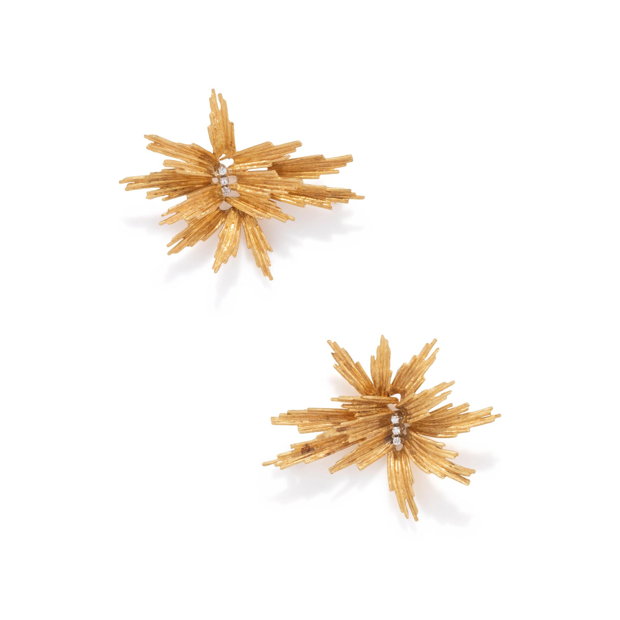 PAIR OF YELLOW GOLD AND DIAMOND BROOCHES