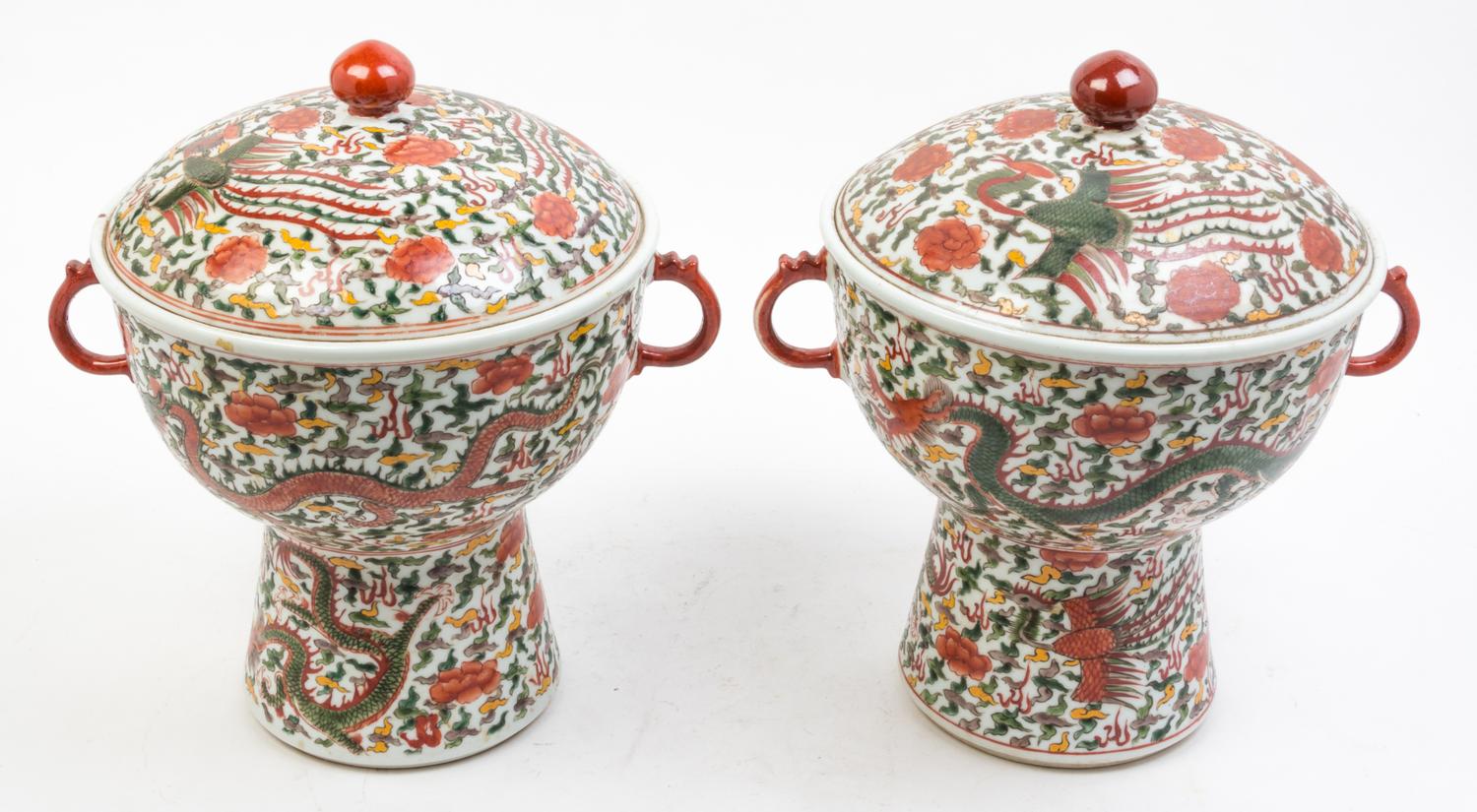 A Pair of Wucai Porcelain Covered Vessels Height 13 1/2 inches.