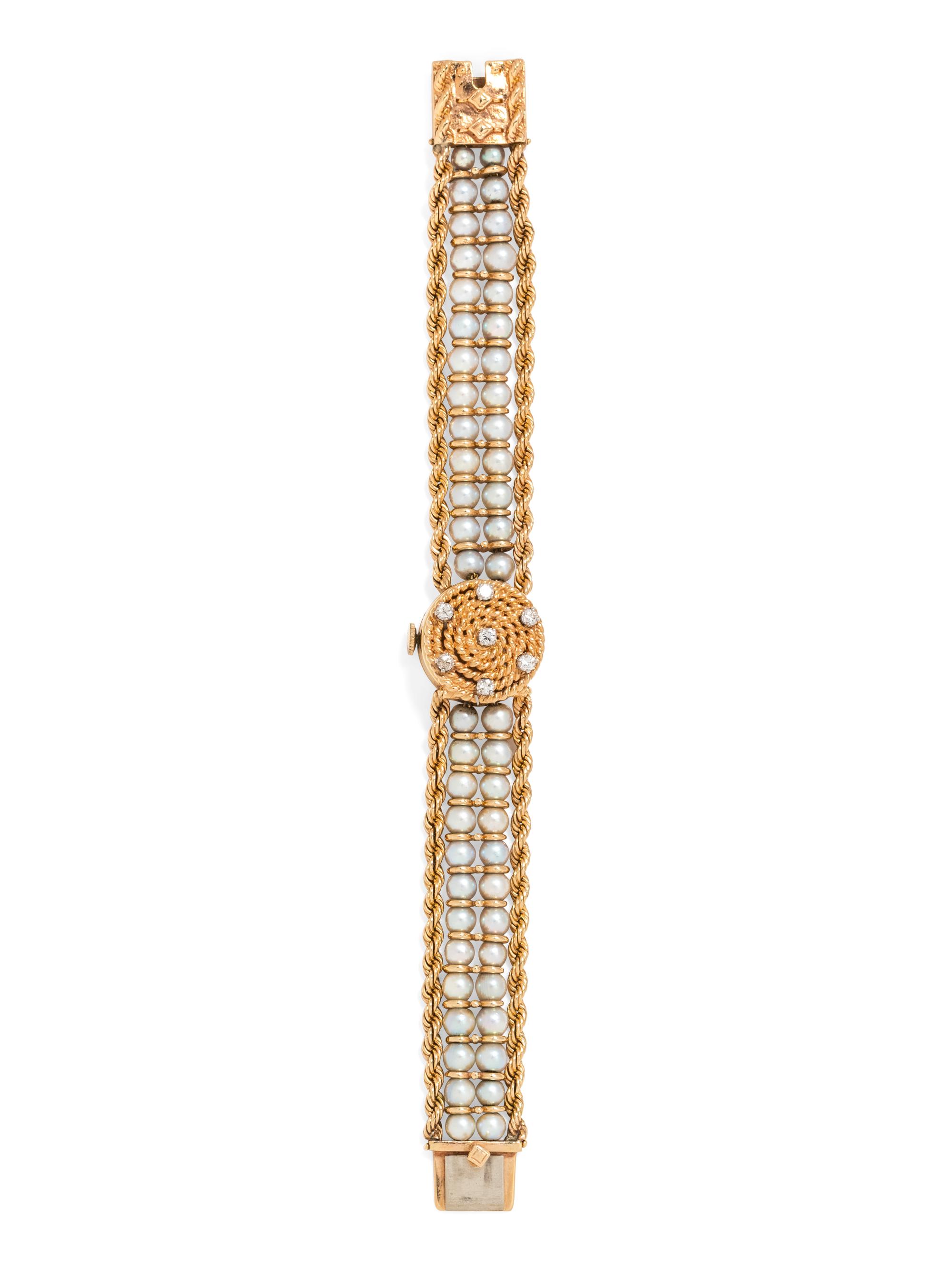 A 14 Karat Yellow Gold, Diamond and Cultured Pearl Surprise Wristwatch, Honora,
