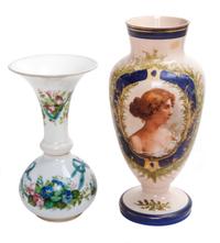 Two Enameled Glass Vases Height of first 15 inches.