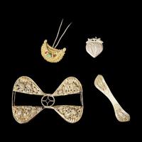 Four Chinese Gilt Silver and Silver Hair Ornaments, Qing Dynasty 清 銀鍍金如意双押发扁簪、嵌寶釵、佛獅紋髮飾及銀桃形帽飾