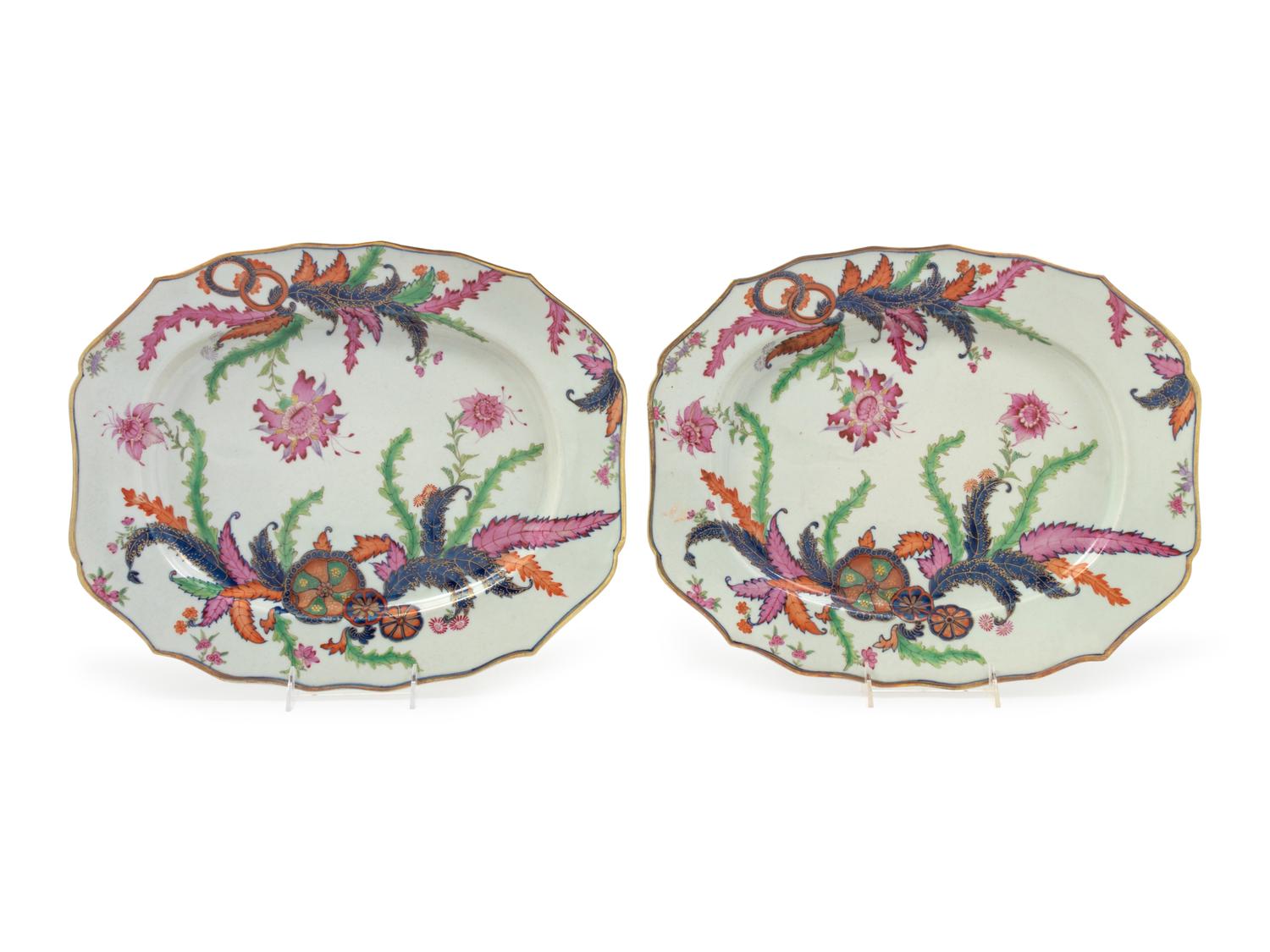 A Pair of Chinese Export Tobacco Leaf Porcelain Platters