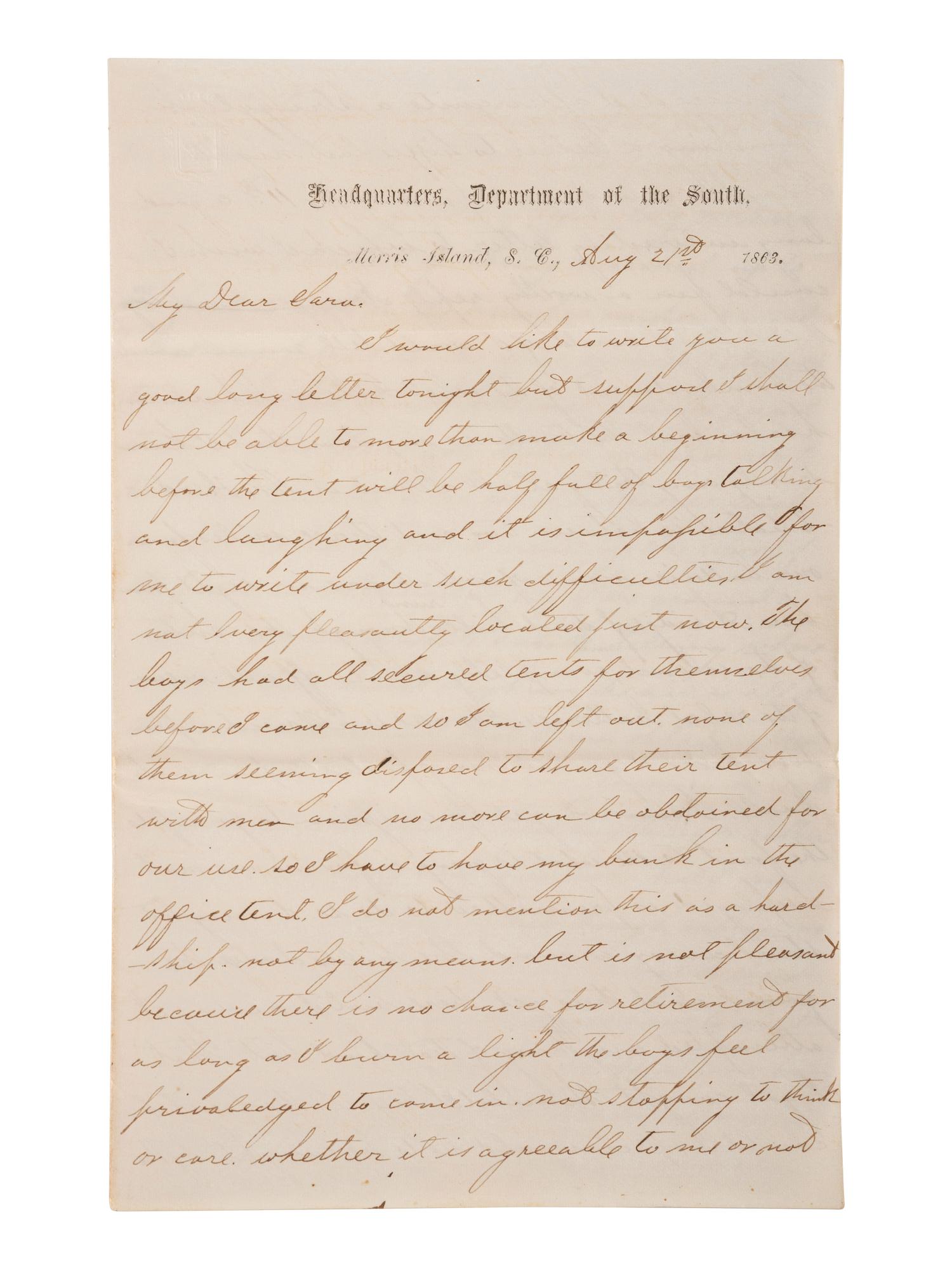 [CIVIL WAR]. War-date letters of Corporal Edwin J. Barden, 7th Regiment Connecticut Volunteer Infantry, combat soldier and later clerk at Headquarters Department of the South, Headquarters X Corps, and Headquarters US Army, Office of Chief Commissary.