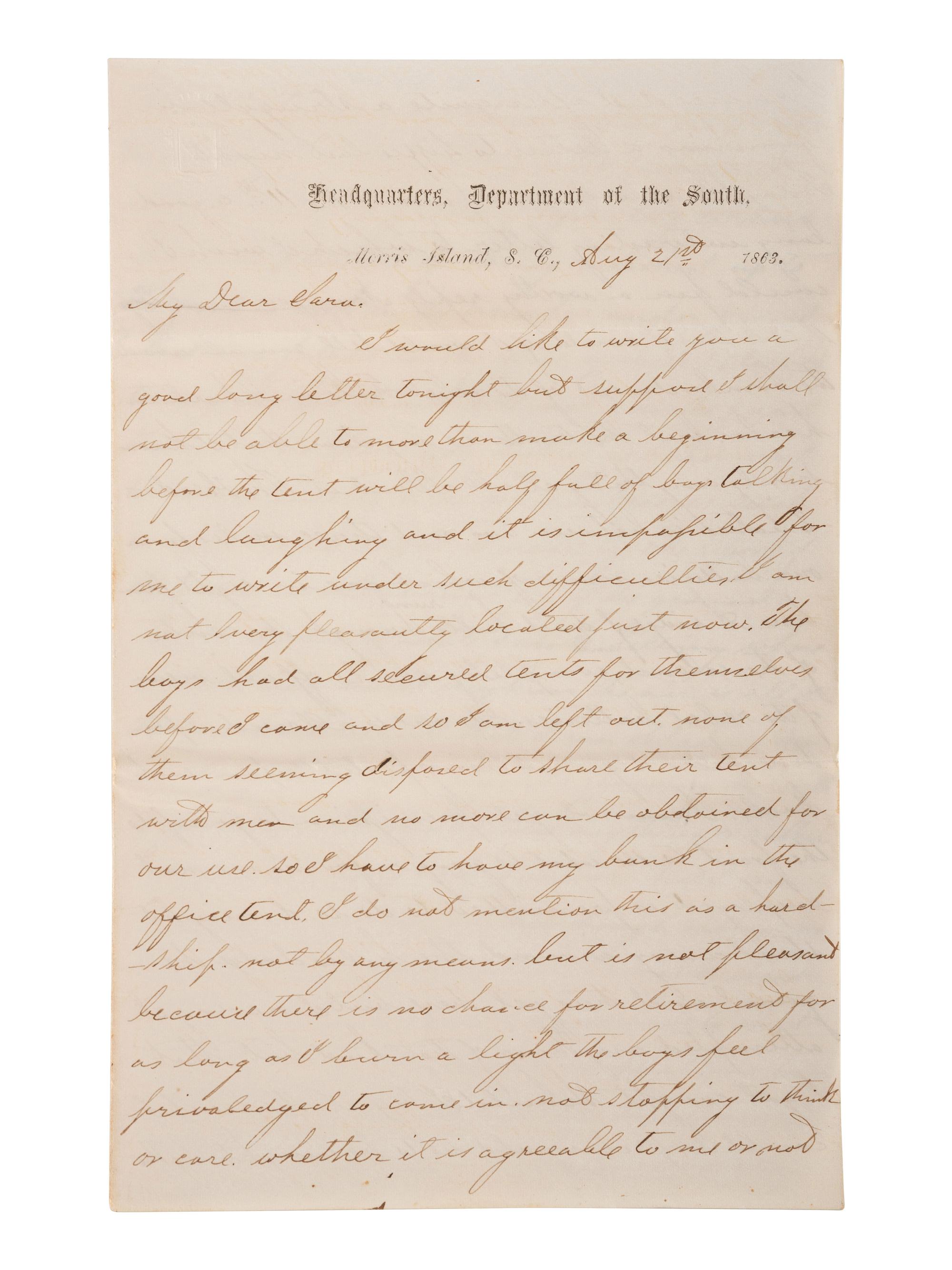 [CIVIL WAR]. War-date letters of Corporal Edwin J. Barden, 7th Regiment Connecticut Volunteer Infantry, combat soldier and later clerk at Headquarters Department of the South, Headquarters X Corps, and Headquarters US Army, Office of Chief Commissary.