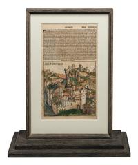 [LEAVES -- INCUNABULA] -- [SCHEDEL, Hartmann]. Two Incunabula leaves with hand-coloring from the Liber Chonicarum , or Nuremberg Chronicle . [Nuremberg, 1493].