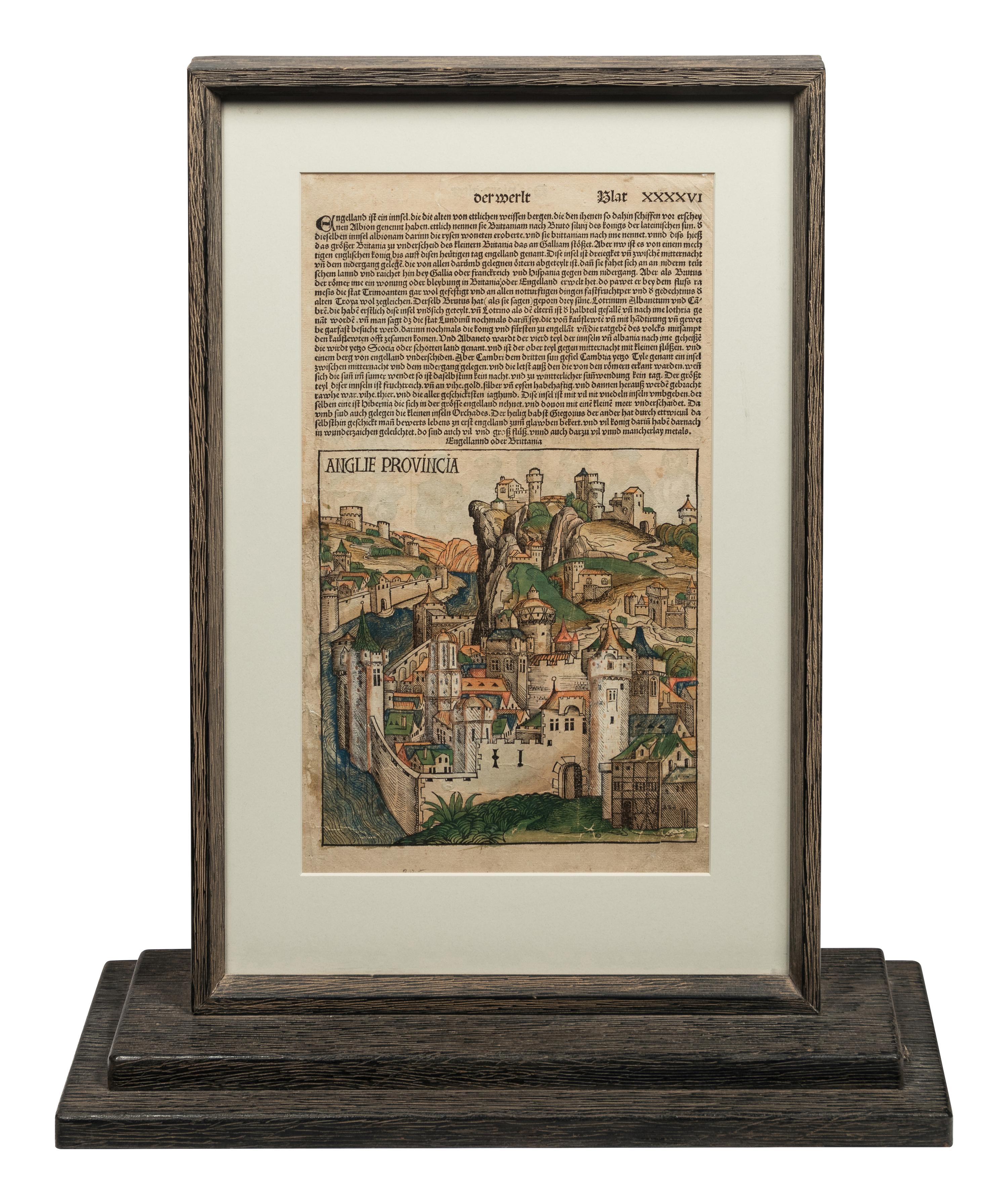 [LEAVES -- INCUNABULA] -- [SCHEDEL, Hartmann]. Two Incunabula leaves with hand-coloring from the Liber Chonicarum , or Nuremberg Chronicle . [Nuremberg, 1493].