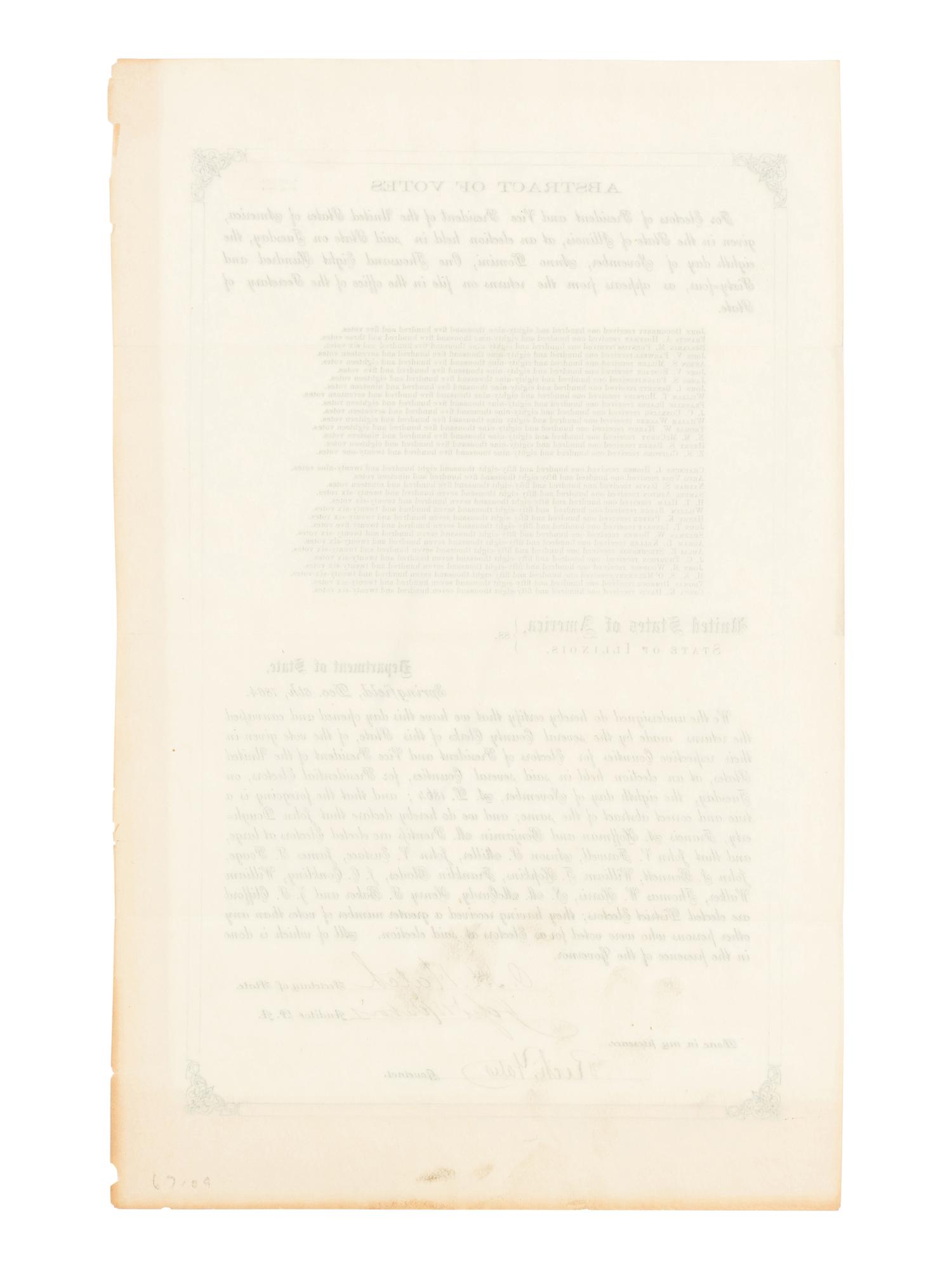 [LINCOLN-JOHNSON CAMPAIGN]. YATES, Richard (1815-1873), et. al. Abstract of Votes for Electors of President and Vice President of the United States of America, given in the State of Illinois... Springfield, Illinois, 6 December 1864.
