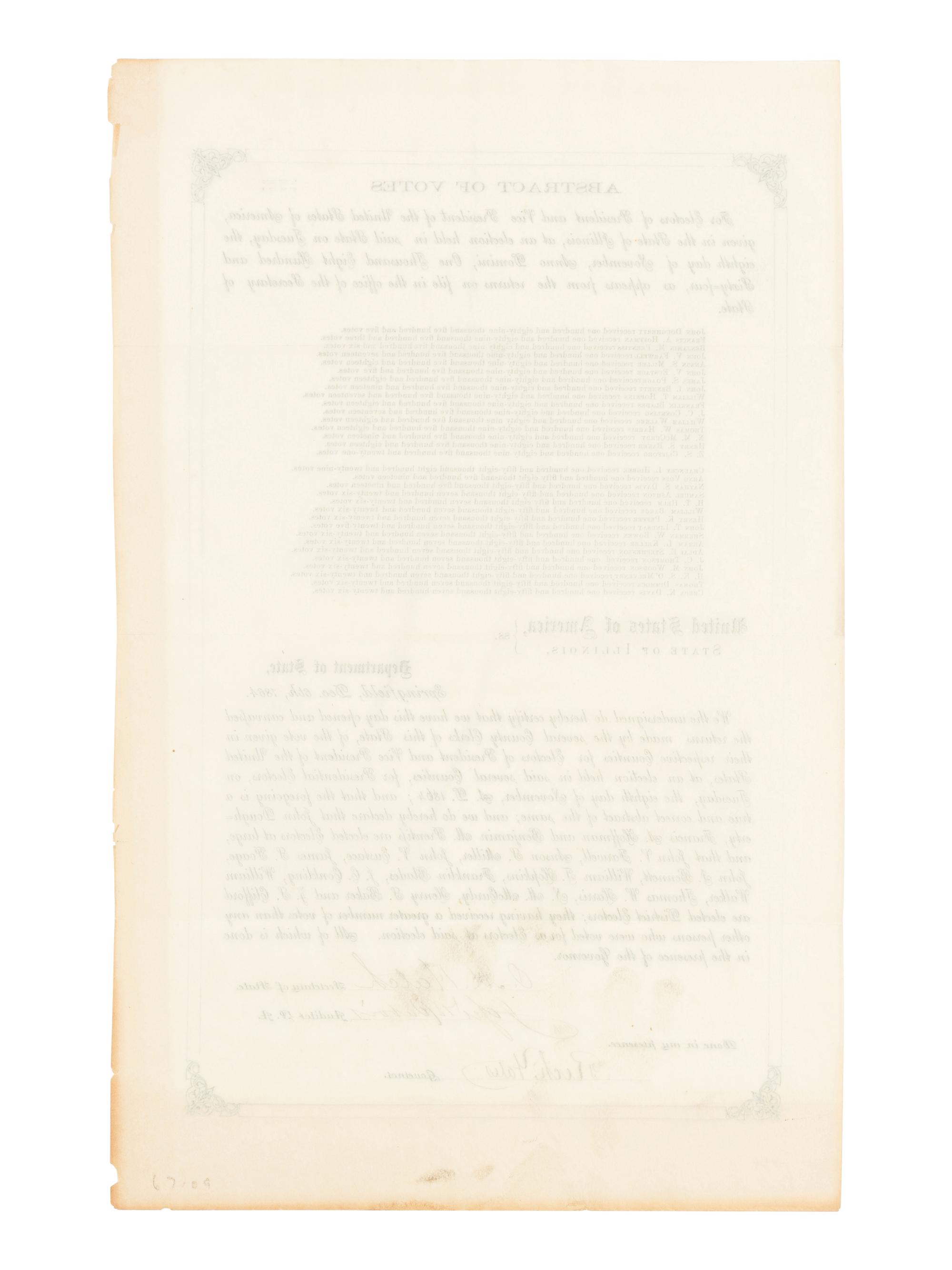 [LINCOLN-JOHNSON CAMPAIGN]. YATES, Richard (1815-1873), et. al. Abstract of Votes for Electors of President and Vice President of the United States of America, given in the State of Illinois... Springfield, Illinois, 6 December 1864.