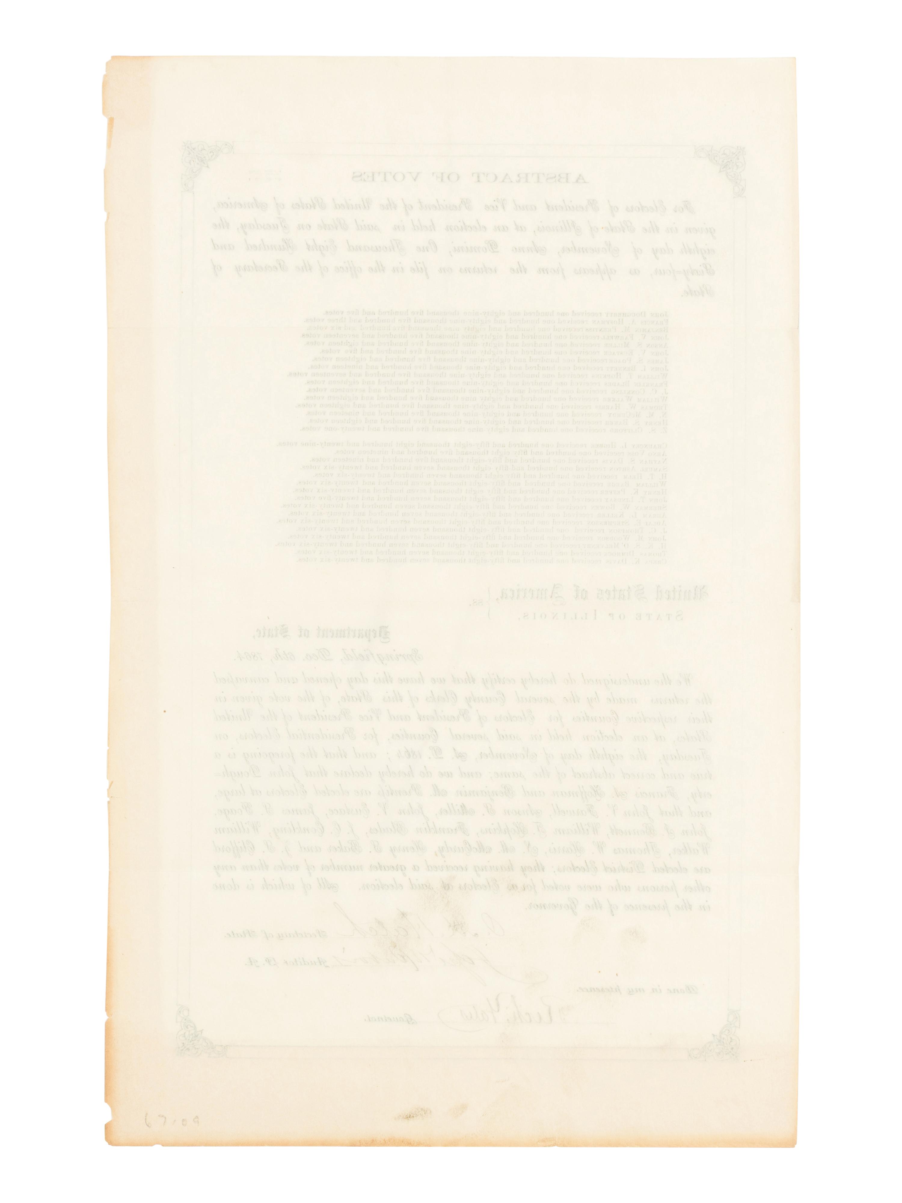 [LINCOLN-JOHNSON CAMPAIGN]. YATES, Richard (1815-1873), et. al. Abstract of Votes for Electors of President and Vice President of the United States of America, given in the State of Illinois... Springfield, Illinois, 6 December 1864.