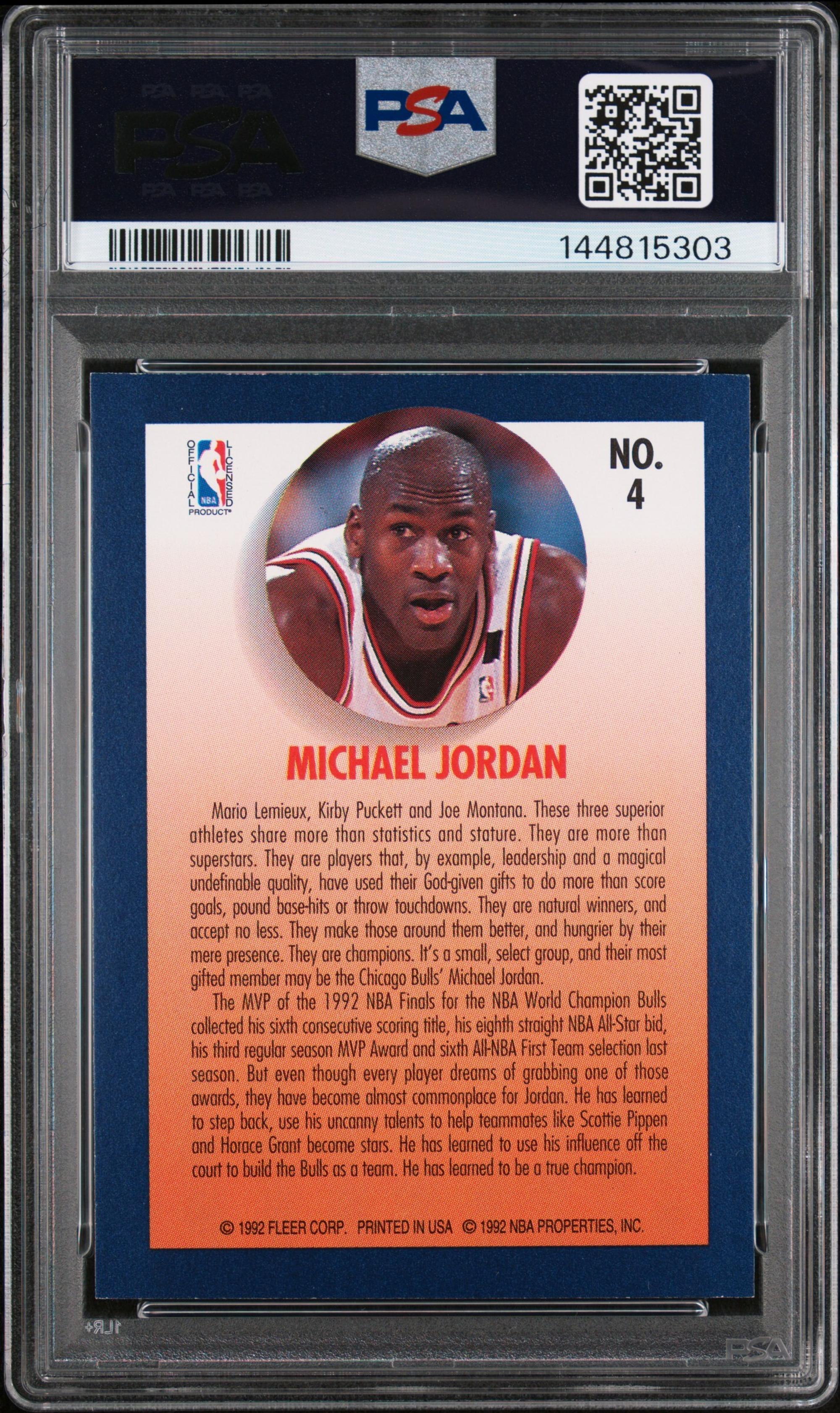 A 1992 Fleer Team Leader Michael Jordan Basketball Card No. 4 (PSA 8 NM-MT)