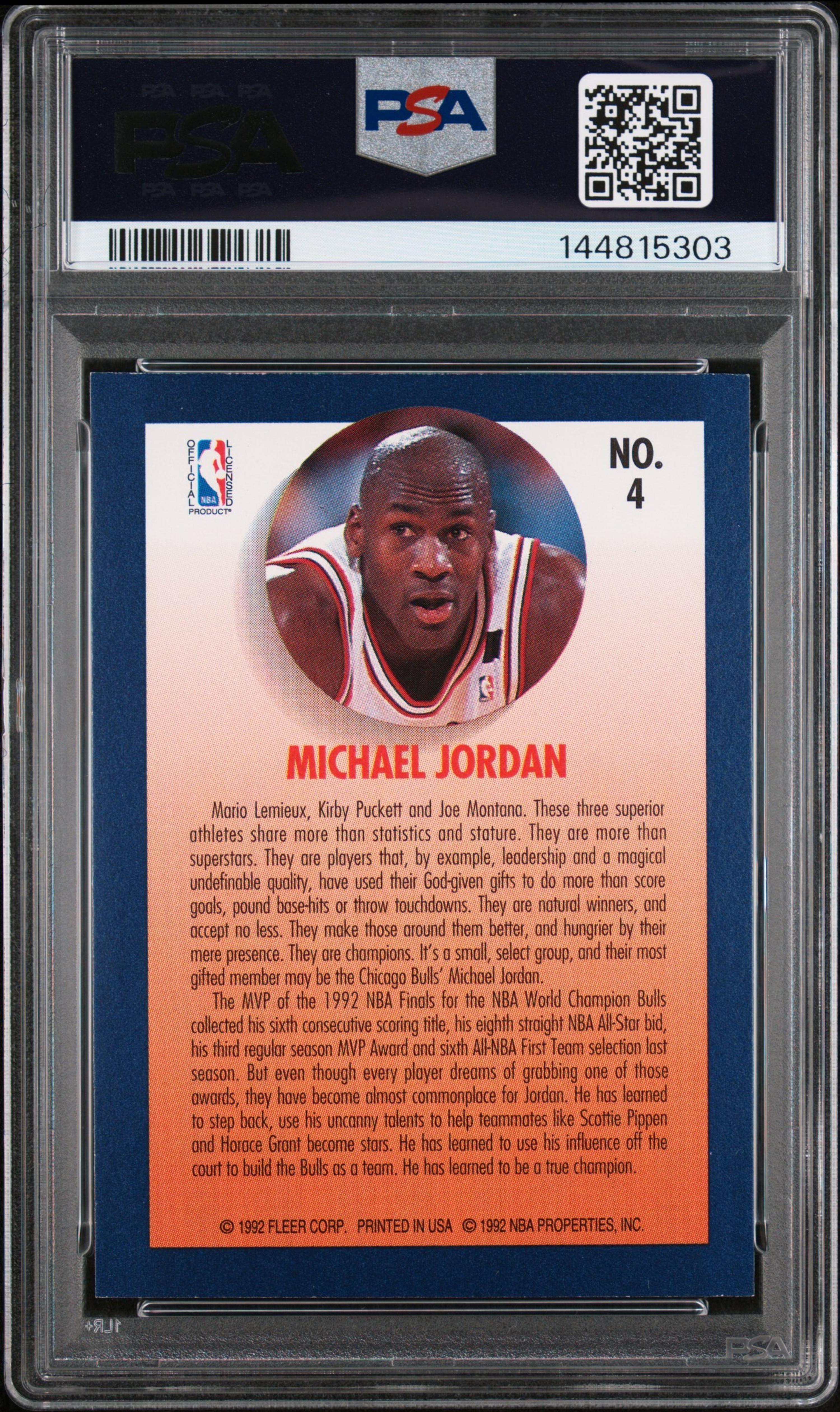 A 1992 Fleer Team Leader Michael Jordan Basketball Card No. 4 (PSA 8 NM-MT)