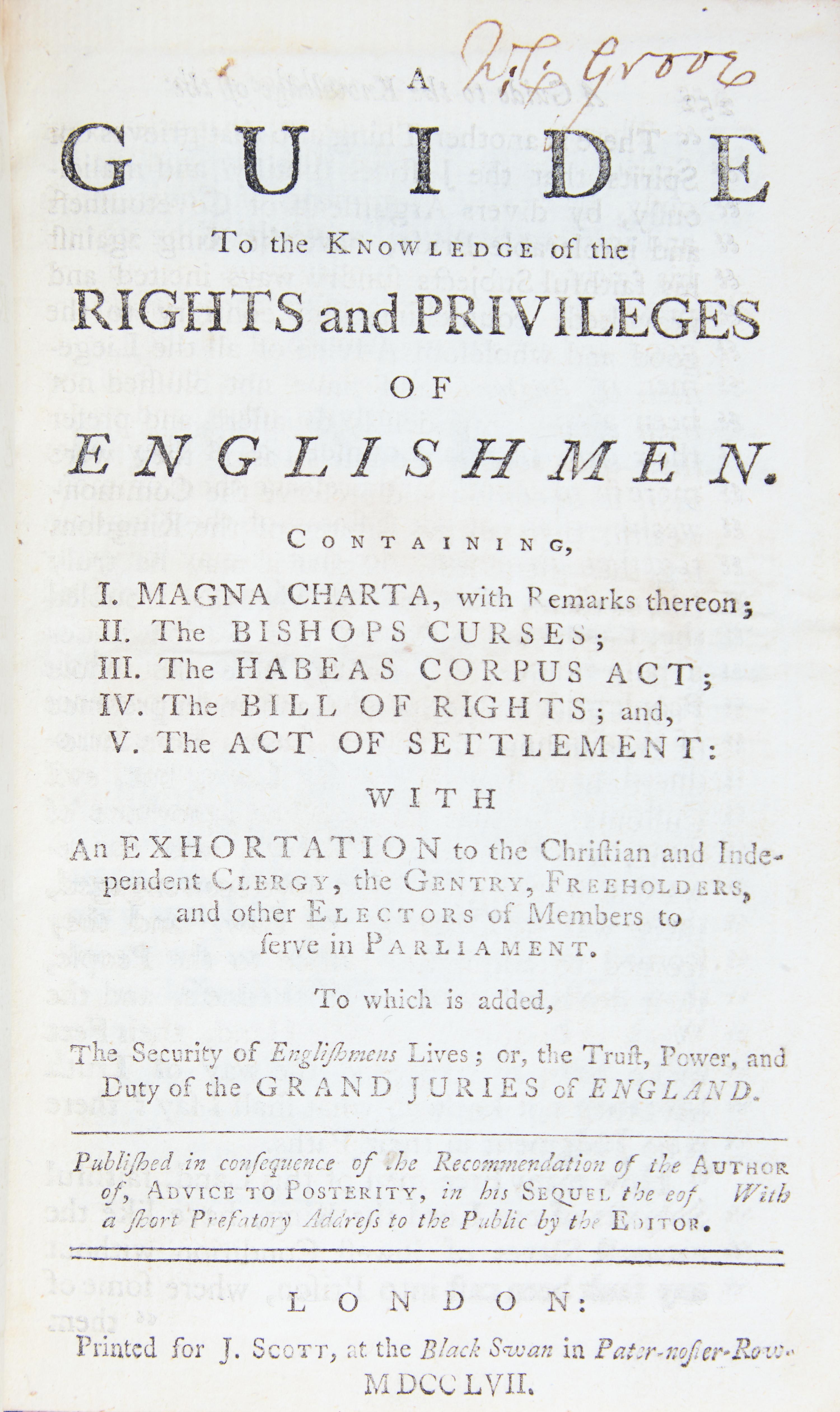 [Law] (Somers, John) A Guide To the Knowledge of the Rights and Privileges of Englishmen...