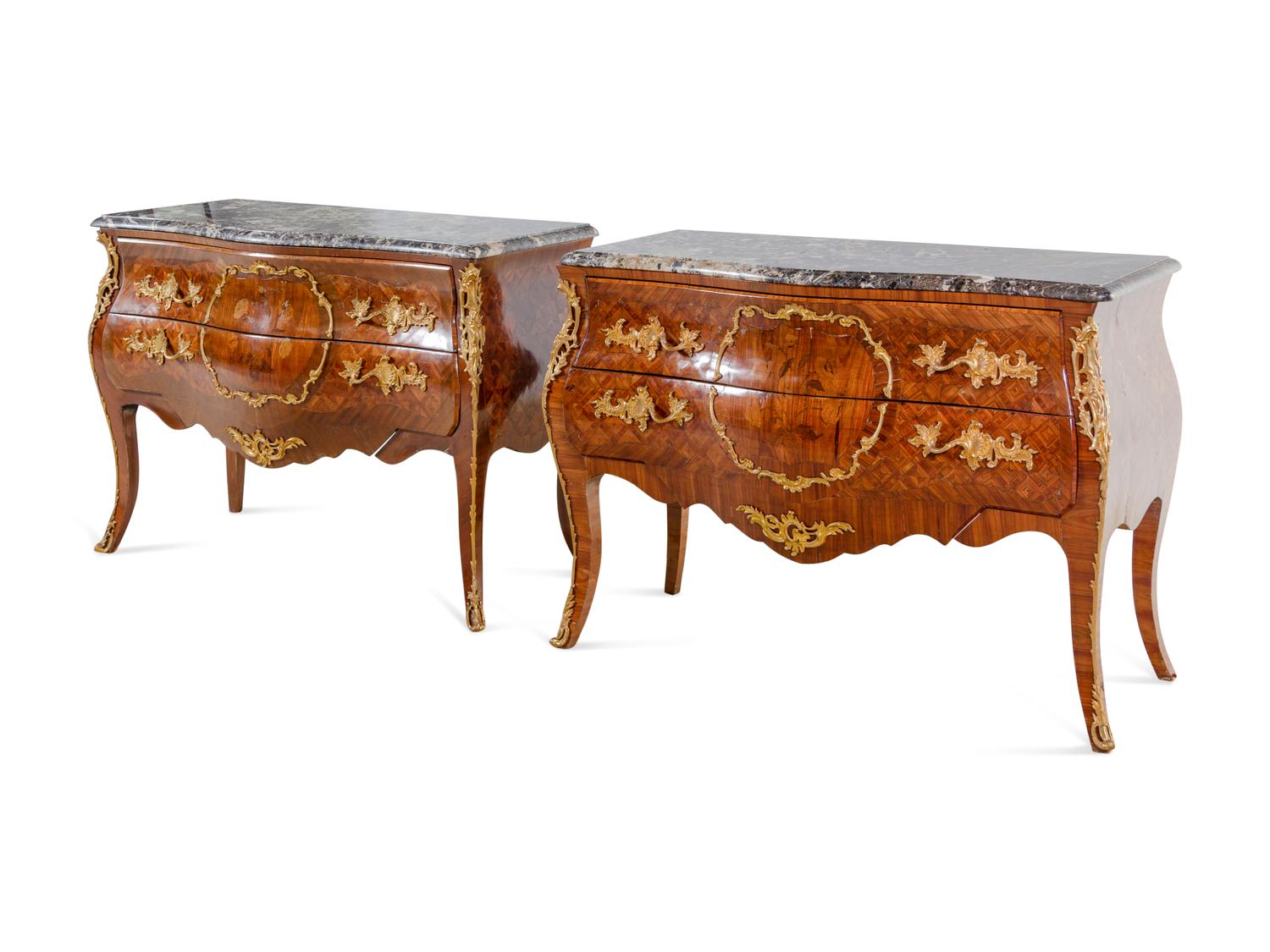 A Pair of Louis XV Style Gilt Bronze Mounted Sans Traverse Marquetry and Parquetry Marble-Top Bombe Commodes