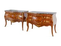 A Pair of Louis XV Style Gilt Bronze Mounted Sans Traverse Marquetry and Parquetry Marble-Top Bombe Commodes