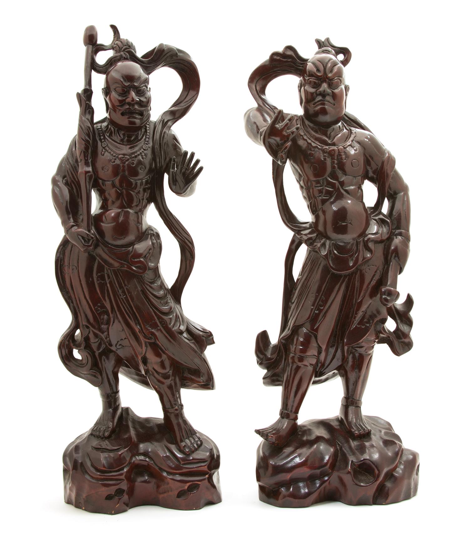Two Japanese Carved Wood Figures of Warriors Height 24 inches. — 19TH CENTURY