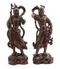 Two Japanese Carved Wood Figures of Warriors Height 24 inches. — 19TH CENTURY