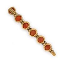 Coral, Sapphire, and Yellow Gold Bracelet