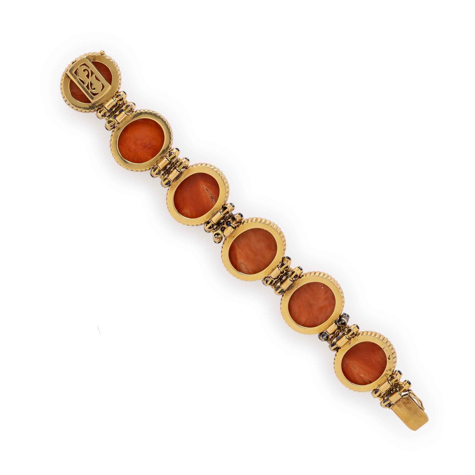 Coral, Sapphire, and Yellow Gold Bracelet