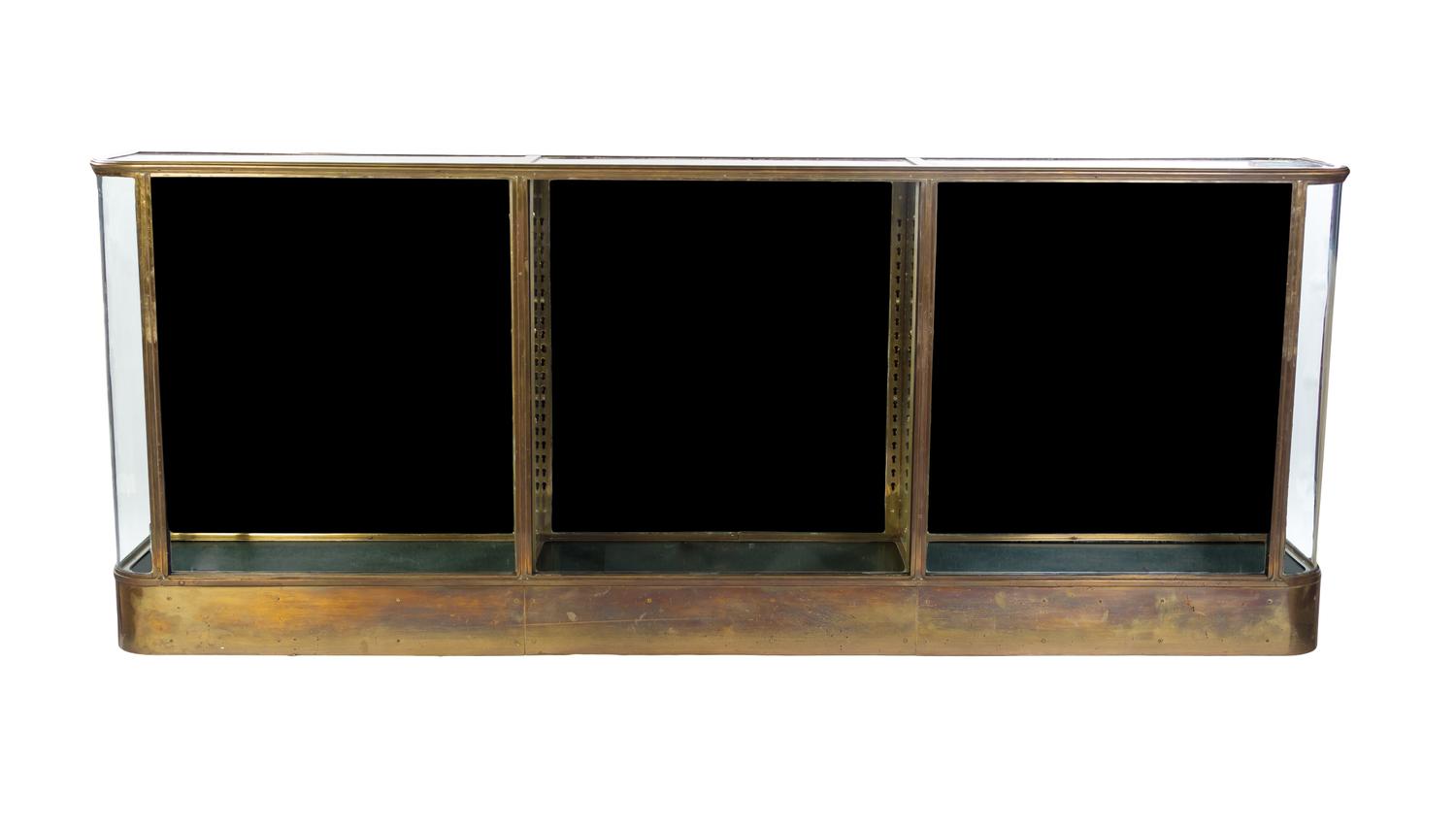 A French Gilt Metal and Glass Vitrine Cabinet, JOLY ET CIE, LATE 19TH/EARLY 20TH CENTURY, Height 39 1/2 x width 99 1/2 x depth 15 inch — JOLY ET CIE, LATE 19TH/EARLY 20TH CENTURY,