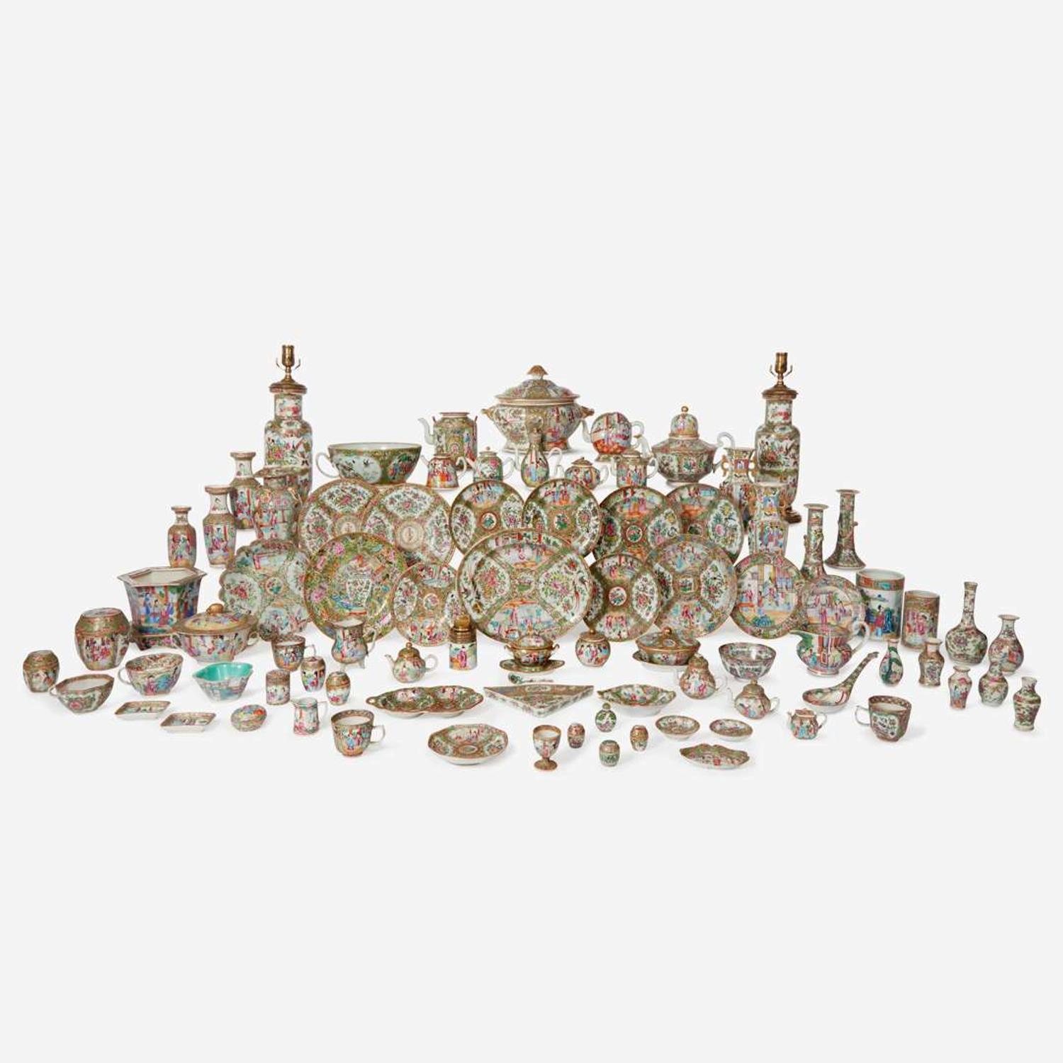An extensive collection of eighty-six Chinese Export Rose Medallion and Rose Mandarin porcelain tablewares 19th / 20th century