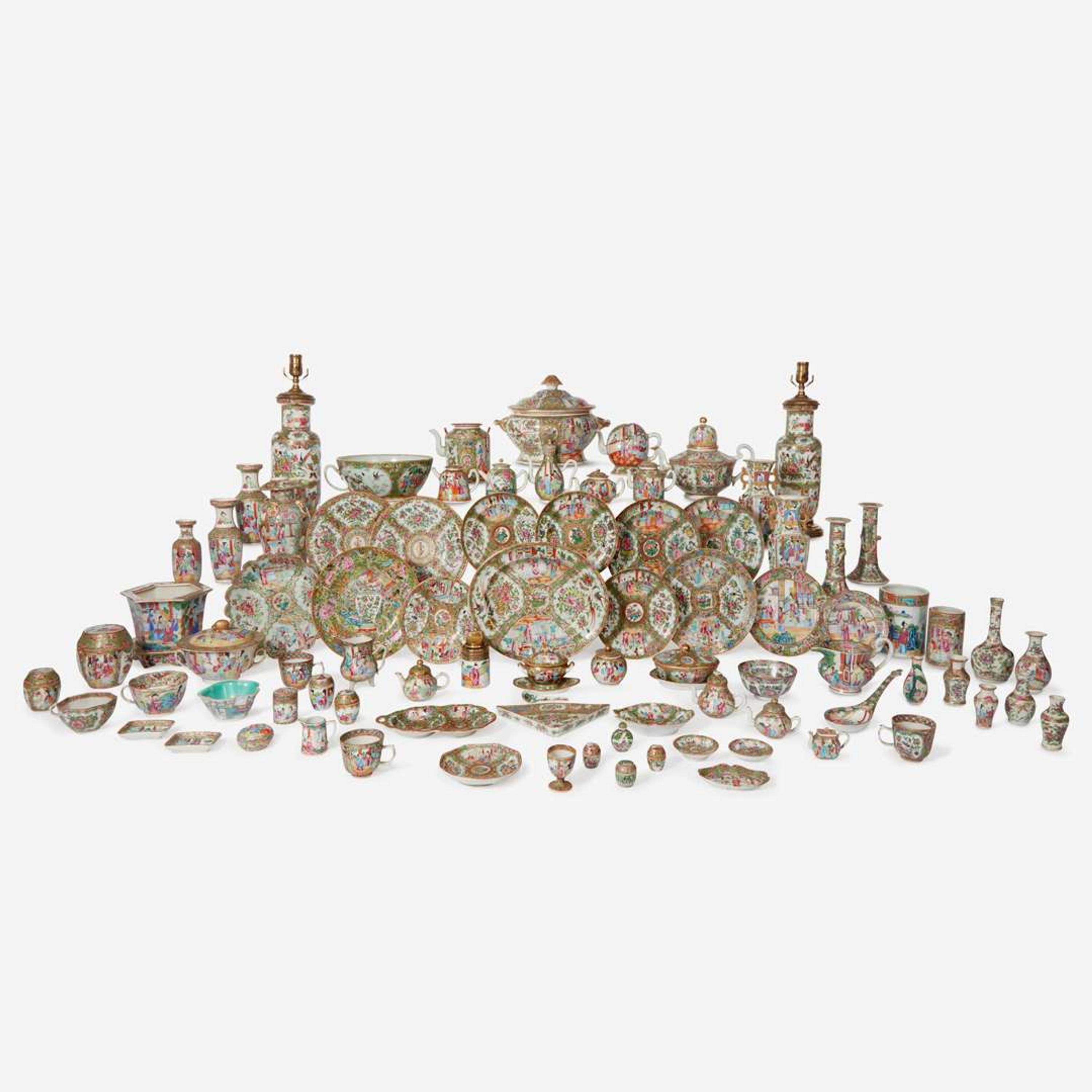 An extensive collection of eighty-six Chinese Export Rose Medallion and Rose Mandarin porcelain tablewares 19th / 20th century