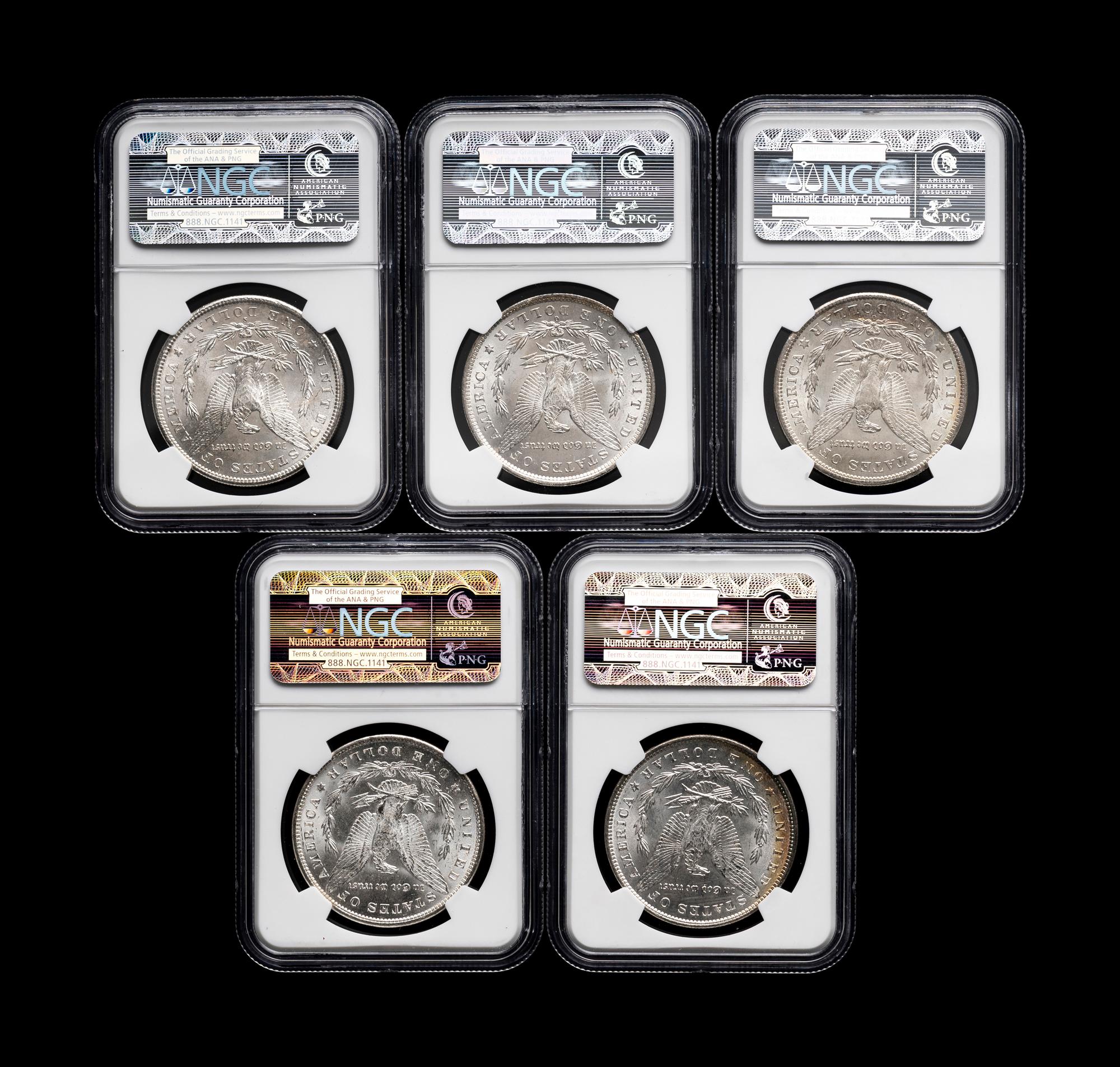 Five Morgan: Lincoln Highway Hoard $1 Coins (NGC MS64)