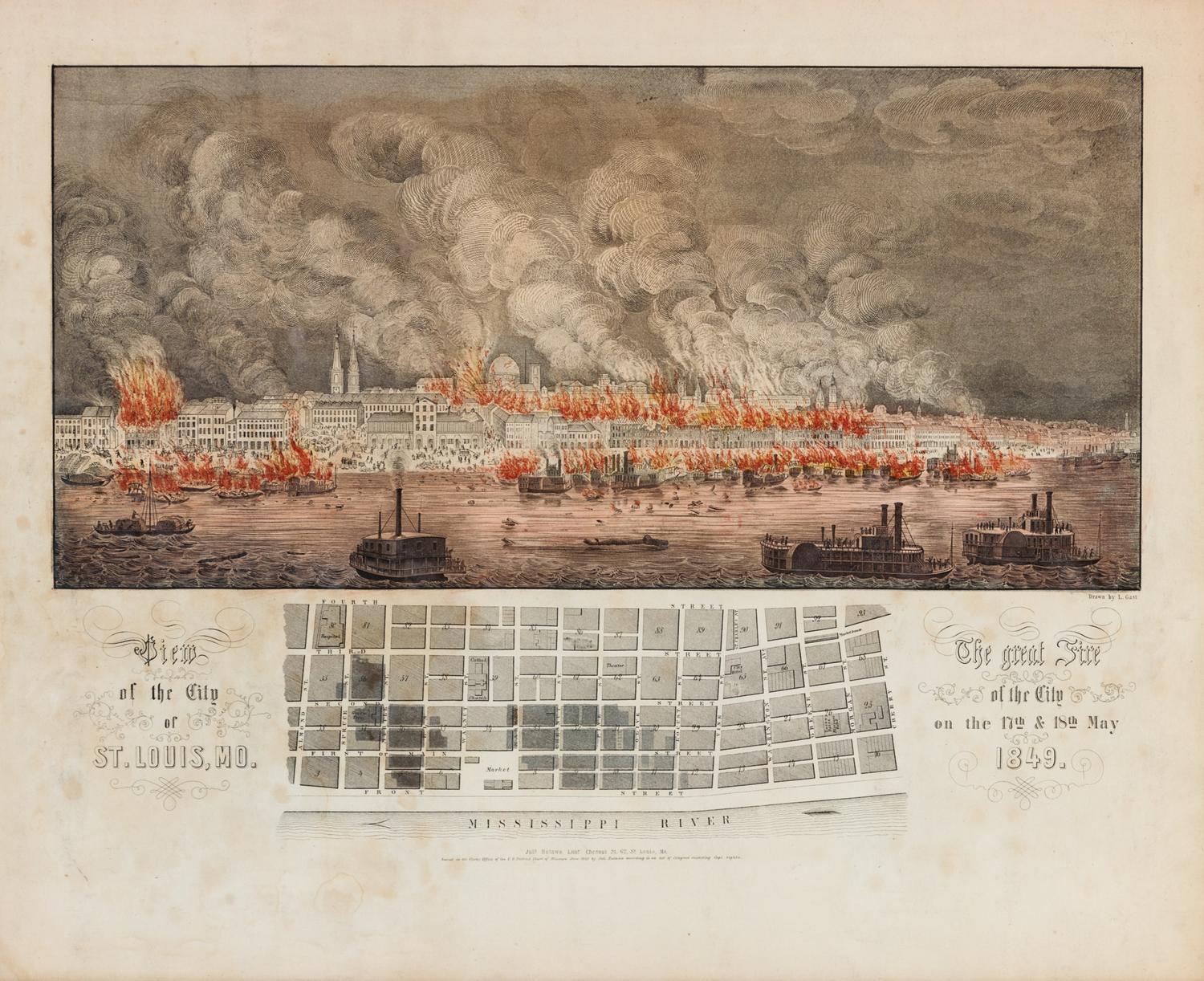 HUTAWA, Julius. View of the City of St. Louis, MO / The Great Fire of the City on the 17th & 18th May 1849.