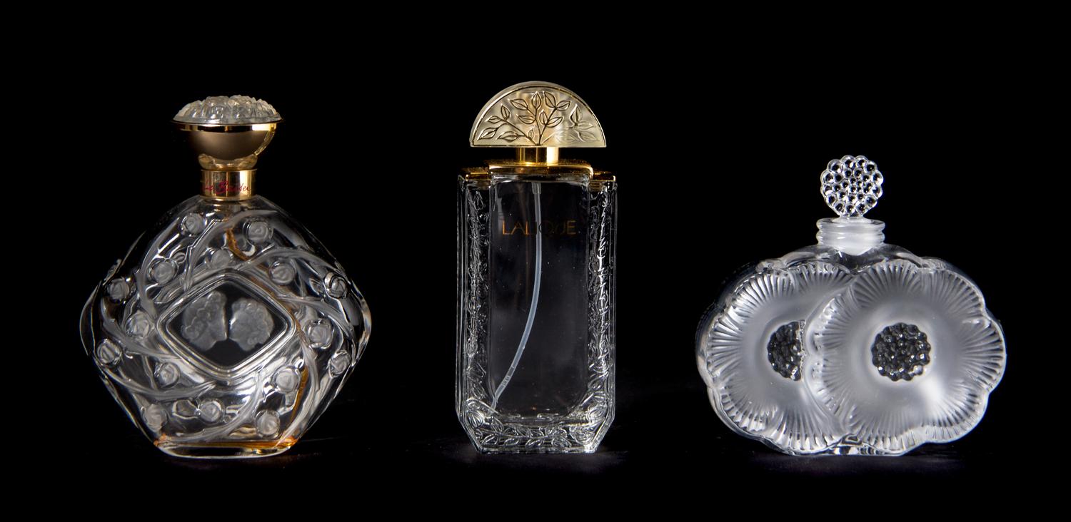 Three Lalique Molded and Frosted Glass Perfume Bottes, Height of tallest 4 5/8 inches.