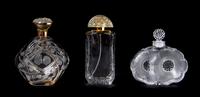 Three Lalique Molded and Frosted Glass Perfume Bottes, Height of tallest 4 5/8 inches.