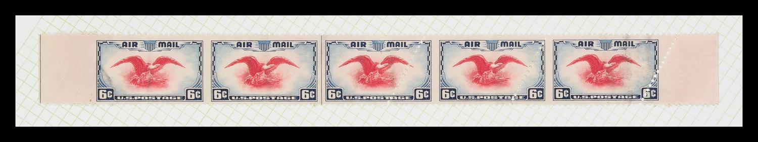 A Strip of Five United States 1938 Dark Blue & Carmine Airmail with a Vertical Imperforate Pair 6-Cent Stamps — #C23b
