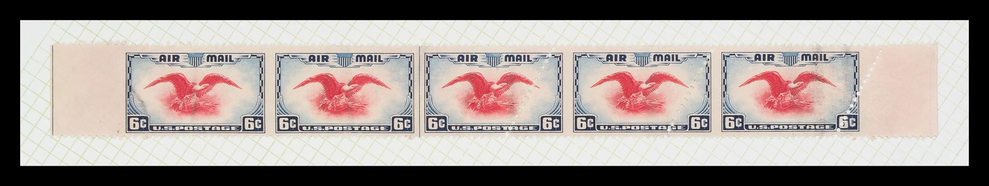 A Strip of Five United States 1938 Dark Blue & Carmine Airmail with a Vertical Imperforate Pair 6-Cent Stamps — #C23b