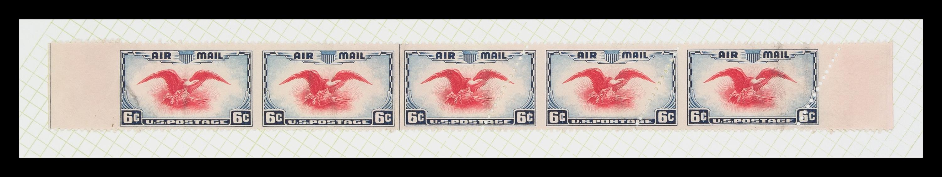 A Strip of Five United States 1938 Dark Blue & Carmine Airmail with a Vertical Imperforate Pair 6-Cent Stamps — #C23b