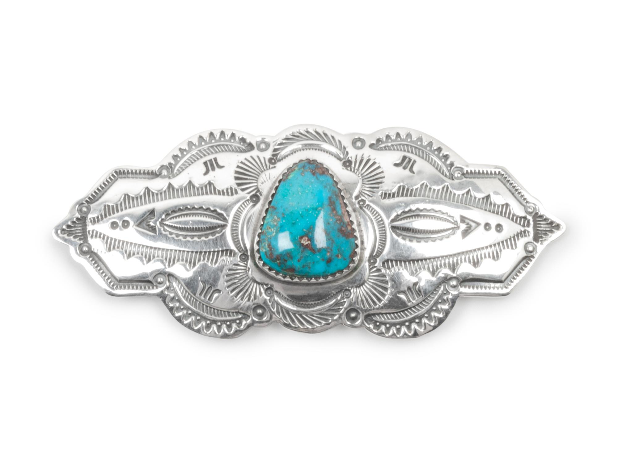 Stamped Sterling Silver and Turquoise Brooch