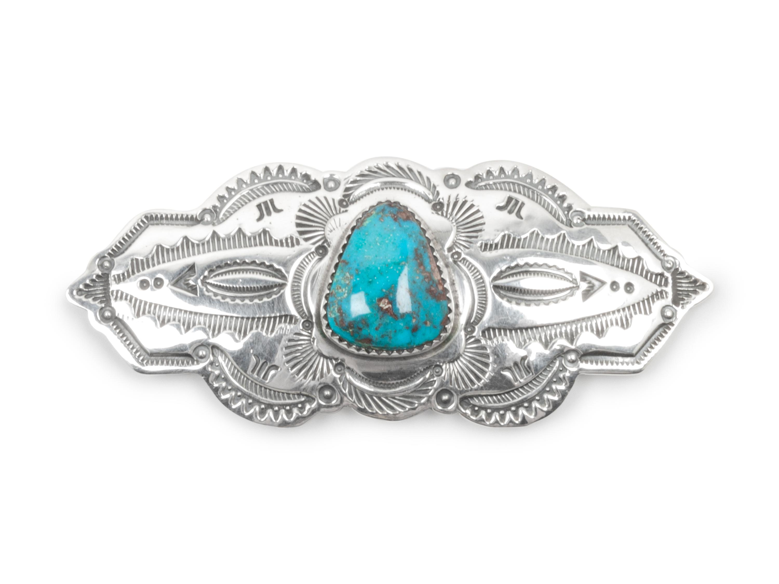 Stamped Sterling Silver and Turquoise Brooch