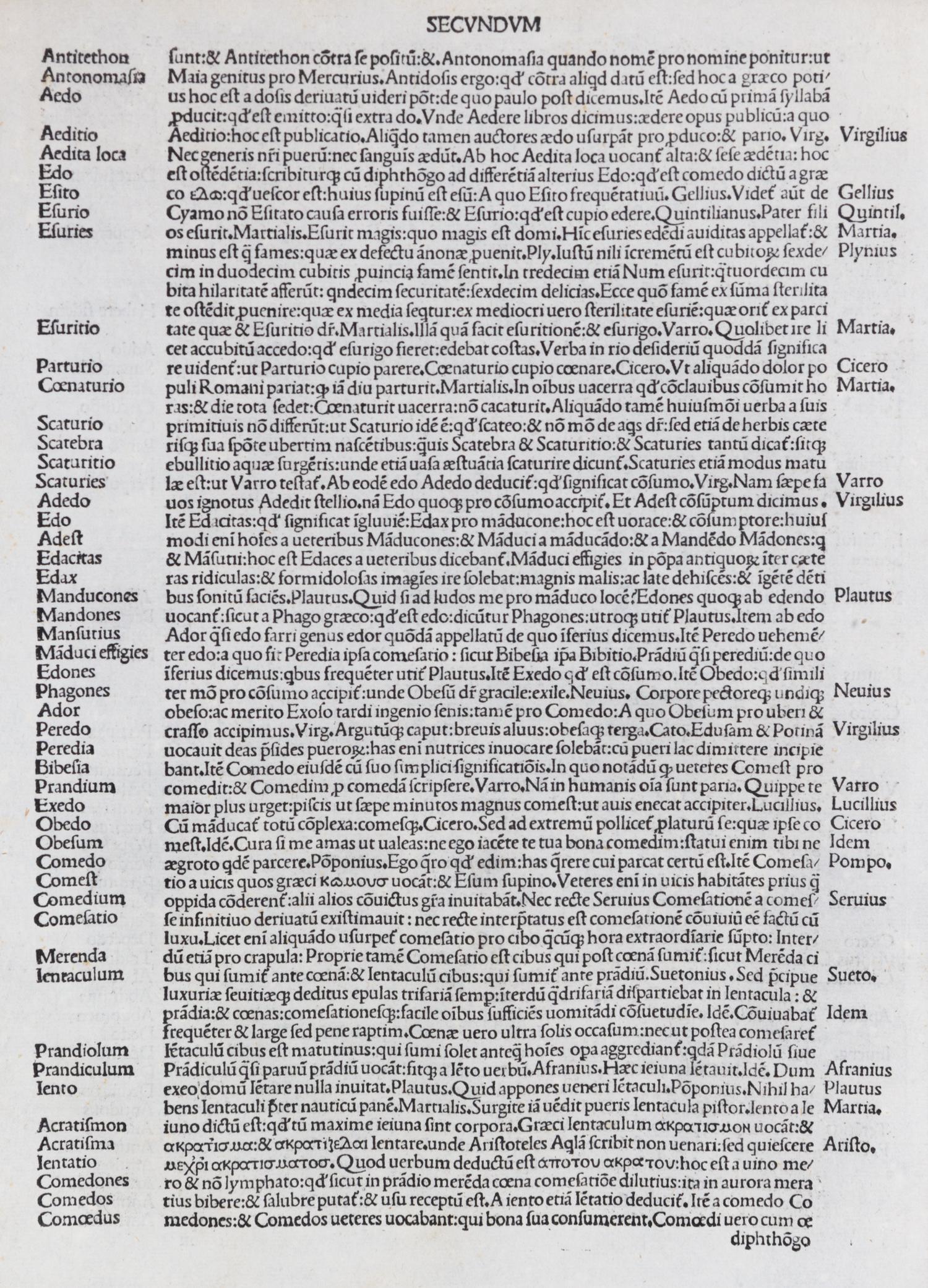 CORNUCOPIAC, NICOLAUS PERROTUS. Original leaf on vellum, from Sive commentario linquate Latinae, Venice, 1490. Framed.