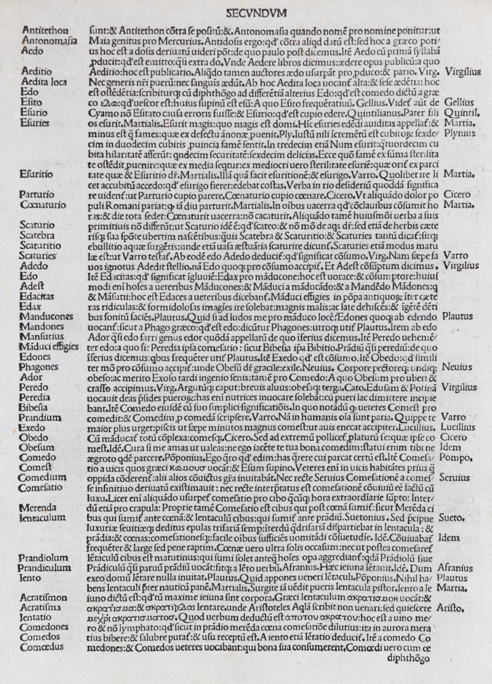 CORNUCOPIAC, NICOLAUS PERROTUS. Original leaf on vellum, from Sive commentario linquate Latinae, Venice, 1490. Framed.