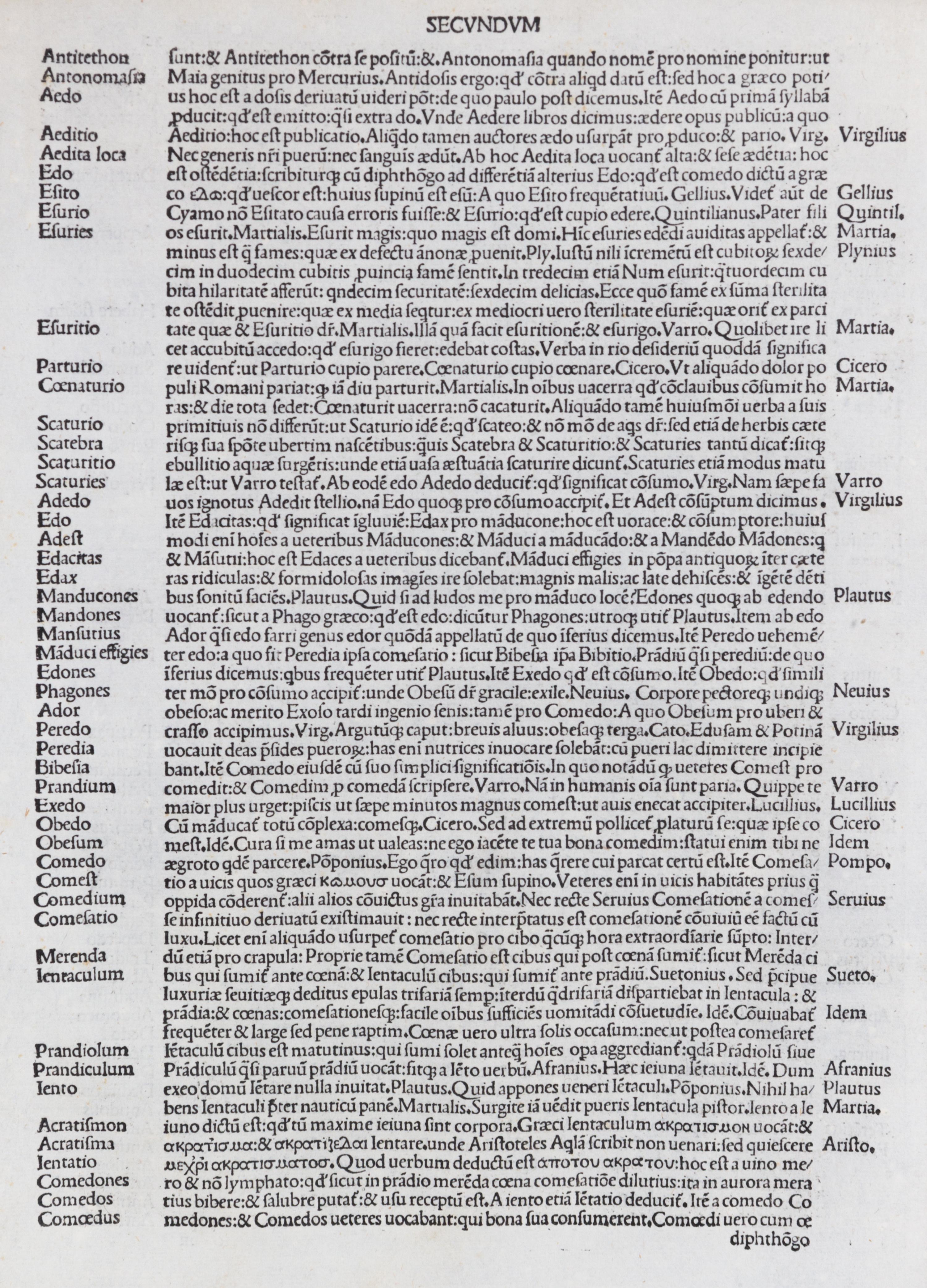 CORNUCOPIAC, NICOLAUS PERROTUS. Original leaf on vellum, from Sive commentario linquate Latinae, Venice, 1490. Framed.