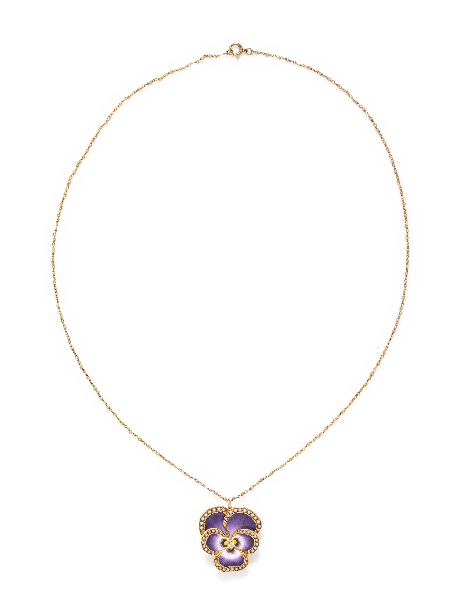 DIAMOND, SEED PEARL AND ENAMEL PANSY PENDANT/BROOCH/NECKLACE