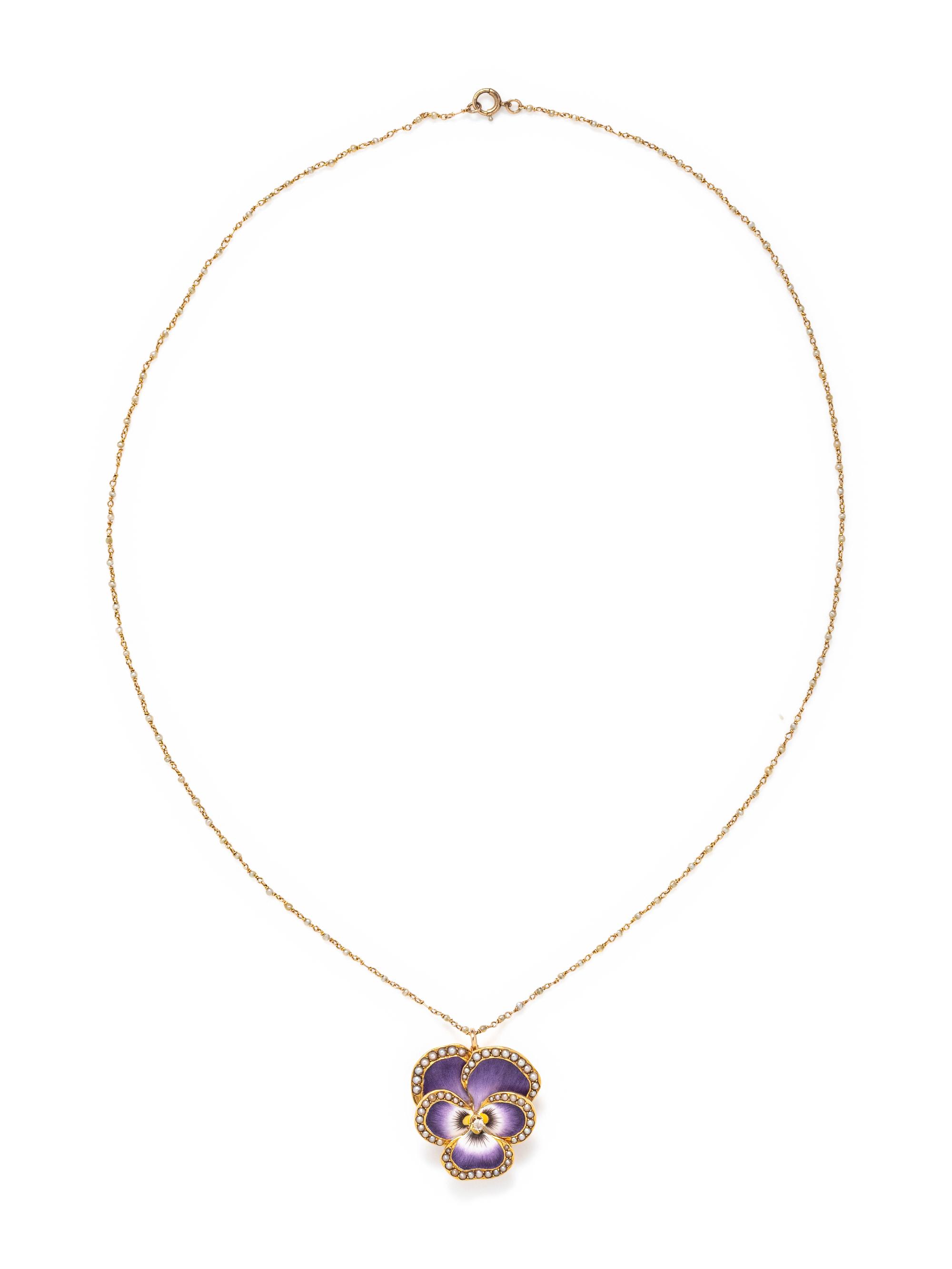 DIAMOND, SEED PEARL AND ENAMEL PANSY PENDANT/BROOCH/NECKLACE