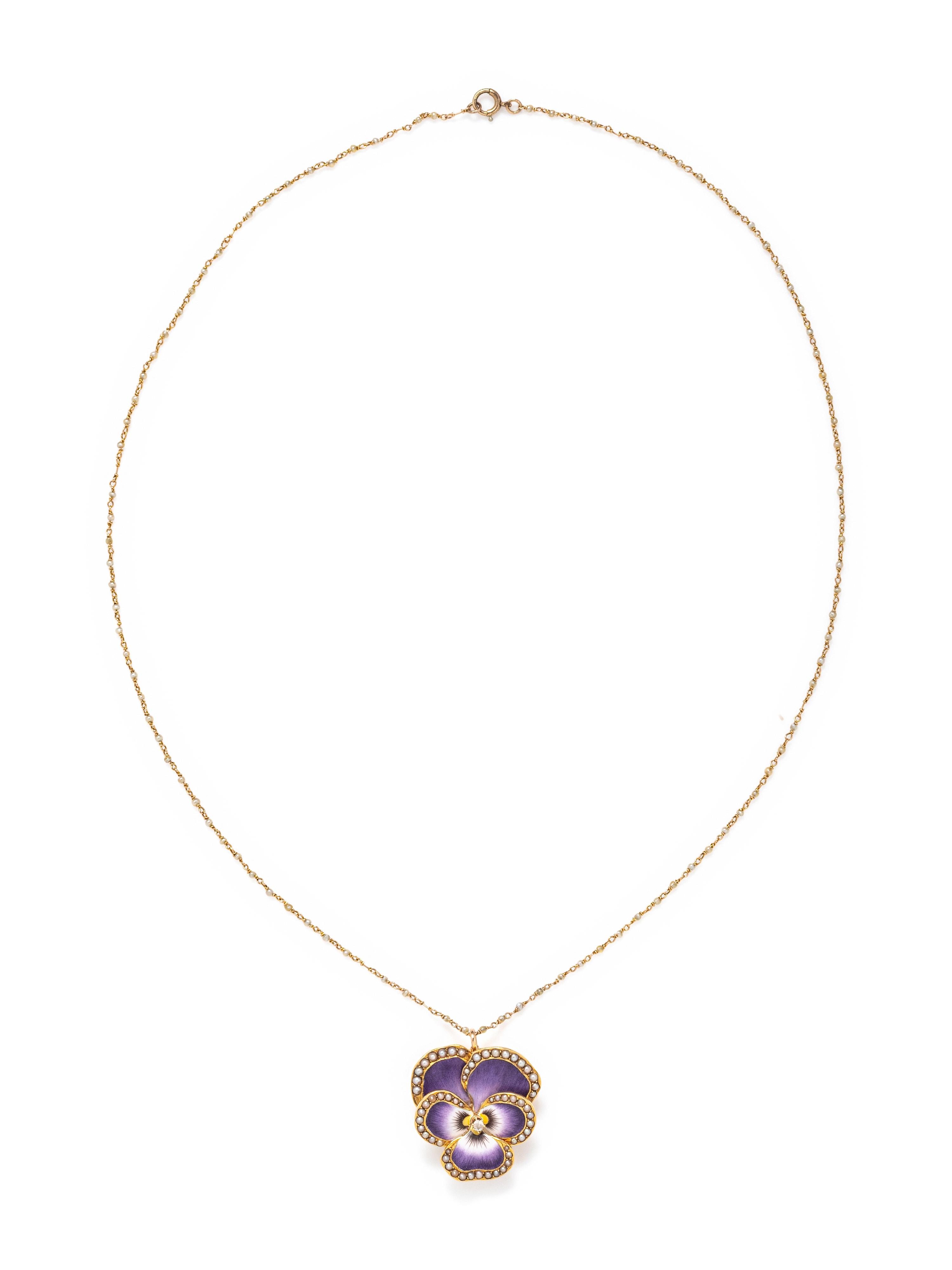DIAMOND, SEED PEARL AND ENAMEL PANSY PENDANT/BROOCH/NECKLACE