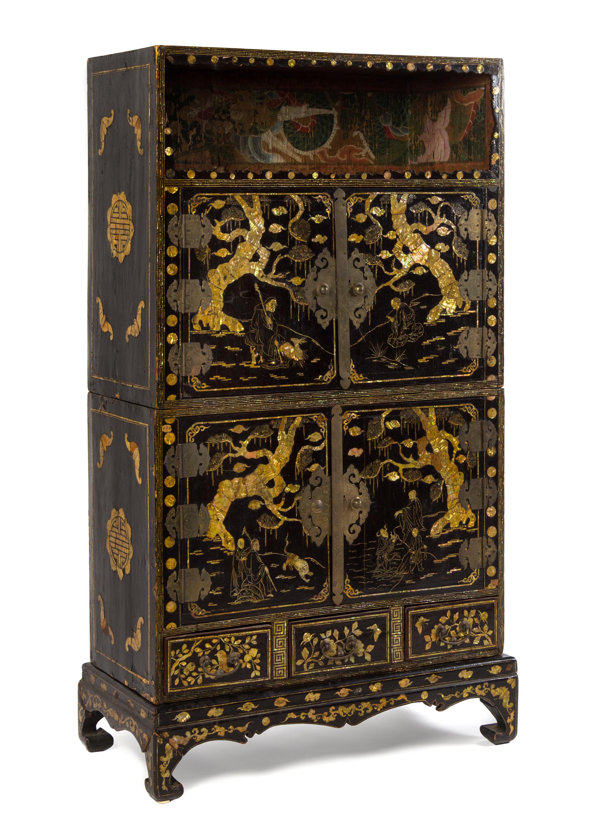 A Korean Mother-of-Pearl Inlaid, Black Lacquered and Tempera Painted Two-Part Cabinet 18TH/19TH CENTURY — 18TH/19TH CENTURY