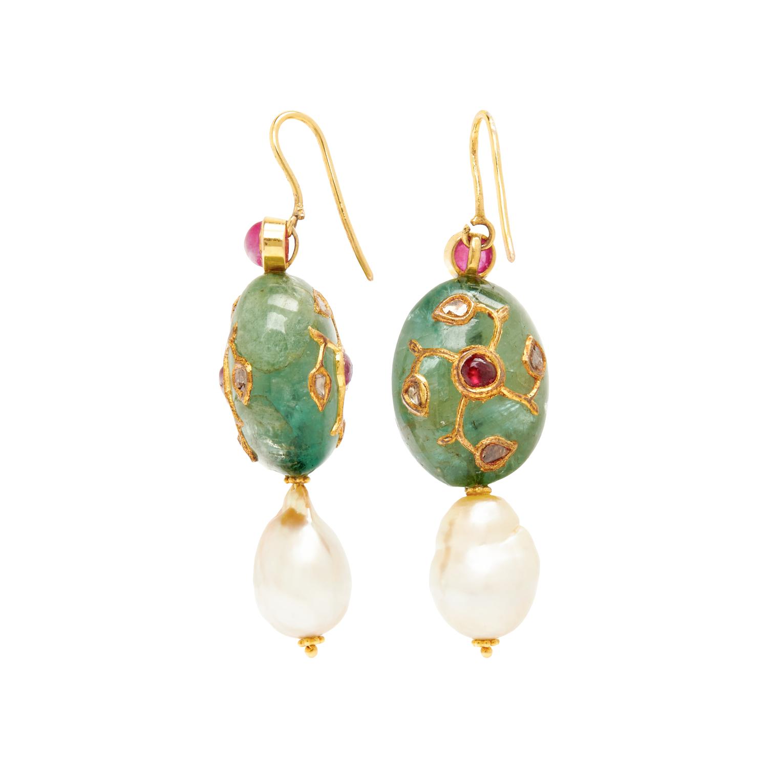 EMERALD, RUBY, CULTURED PEARL AND DIAMOND EARRINGS