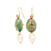 EMERALD, RUBY, CULTURED PEARL AND DIAMOND EARRINGS