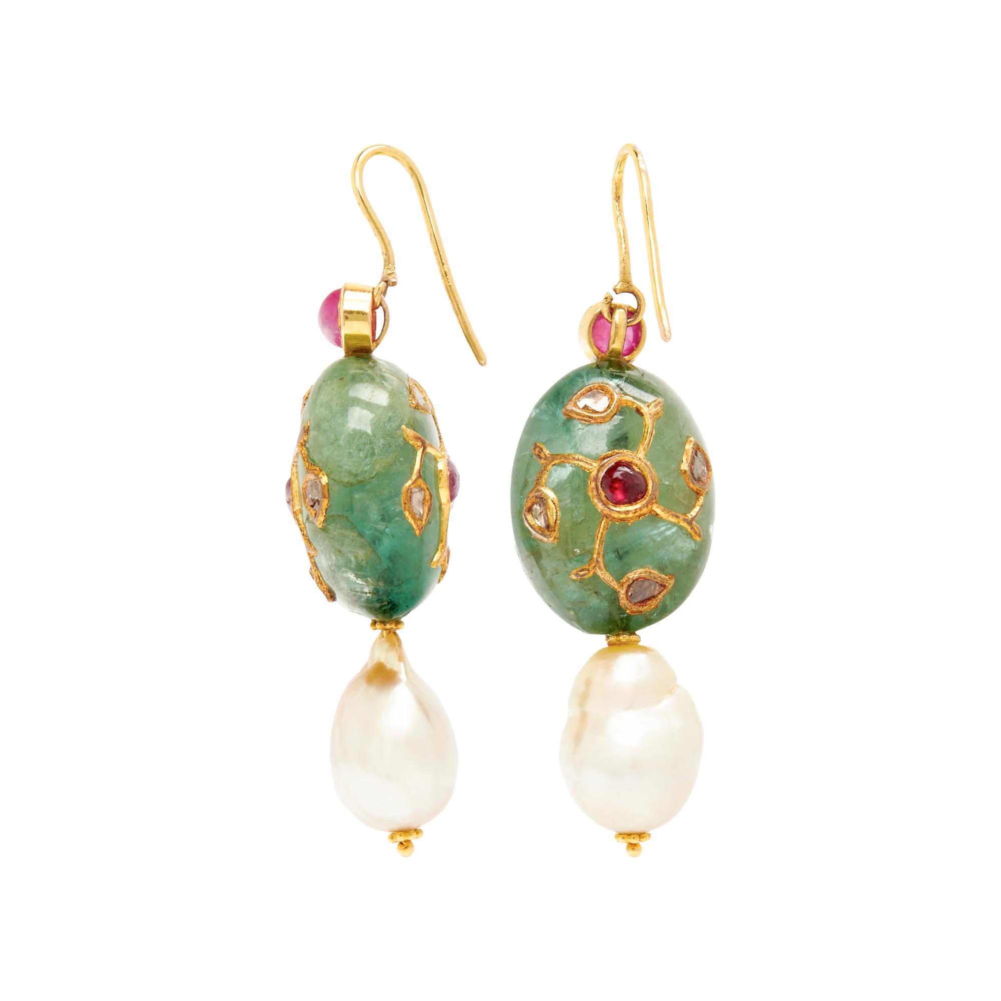 EMERALD, RUBY, CULTURED PEARL AND DIAMOND EARRINGS