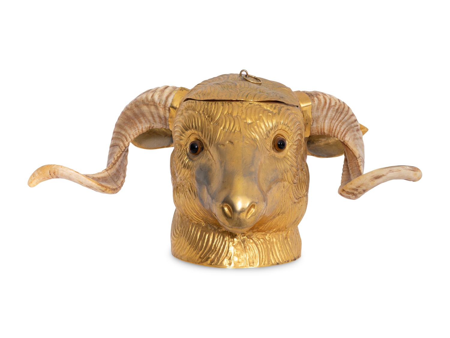 A Gilt Metal and Horn Ice Bucket in the Form of a Ram's Head